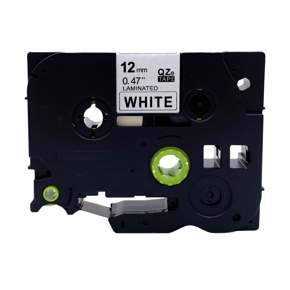 A black label tape cartridge with a white label and green details.