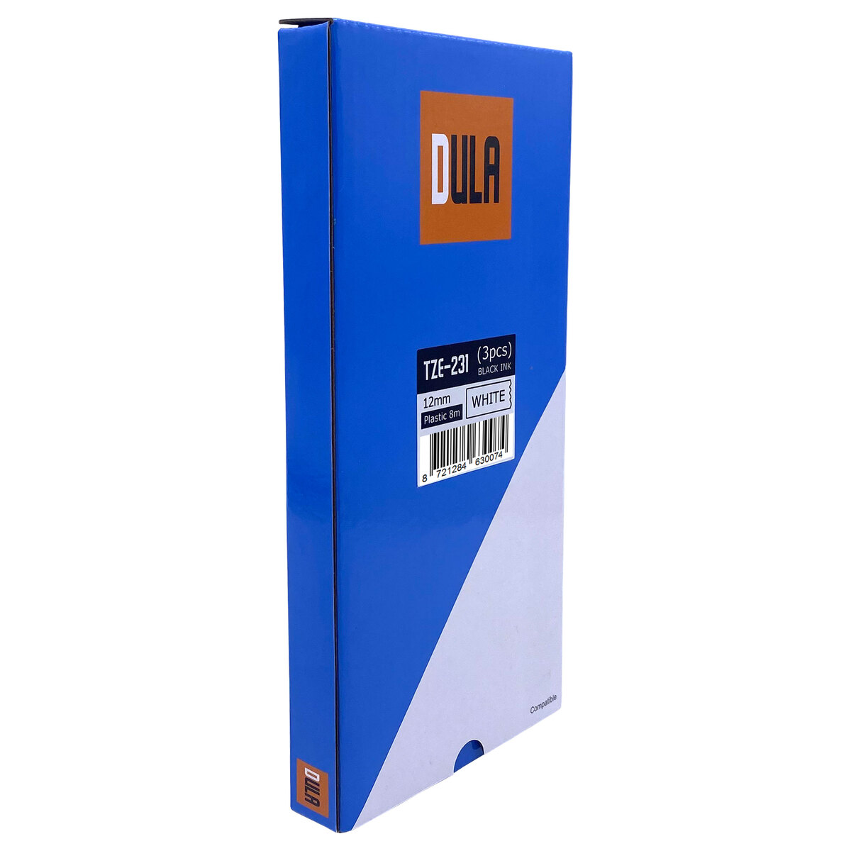 A blue box with a white label that says WHITE and a black ink cartridge.