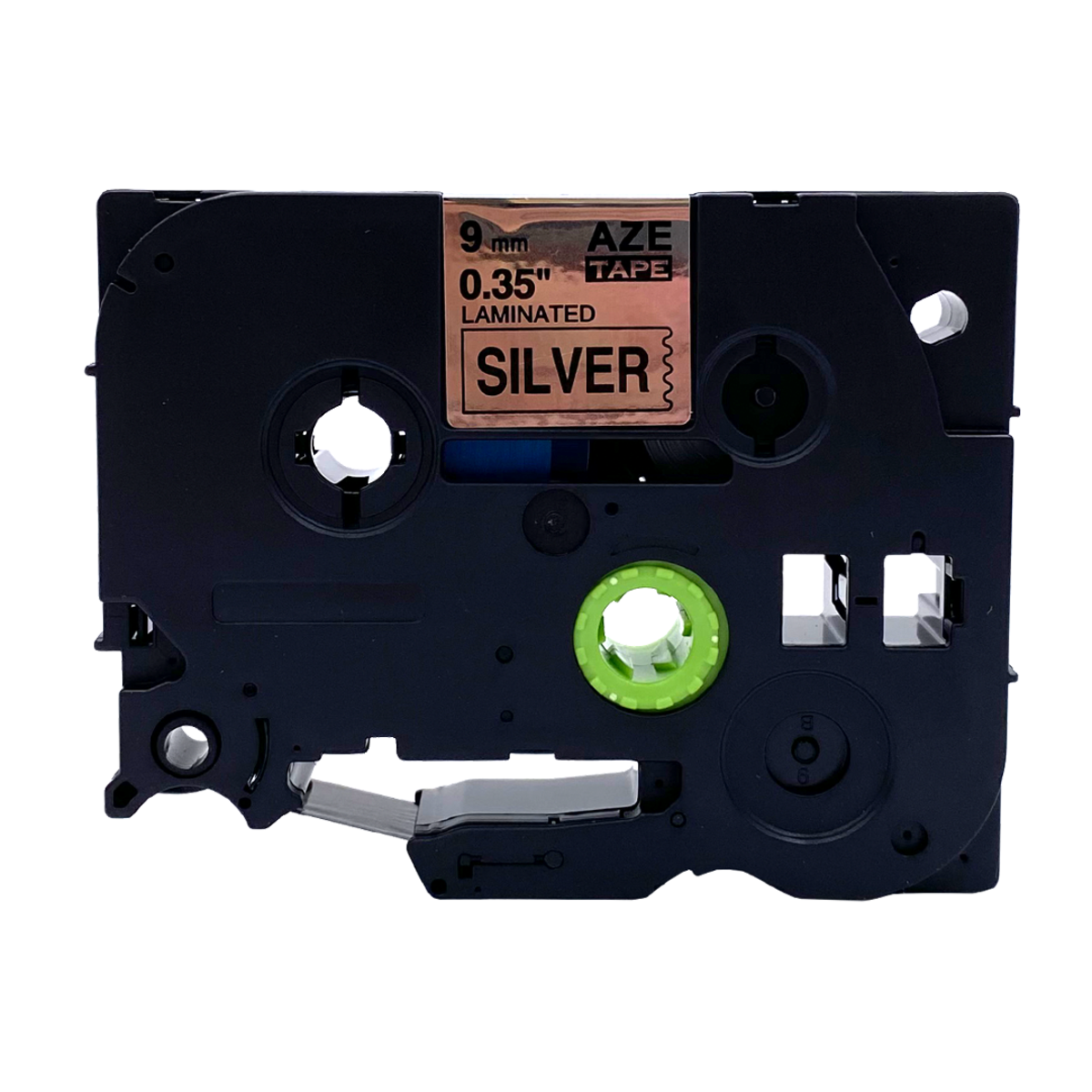Een zwarte labeltape met zilveren tekst 'SILVER'.