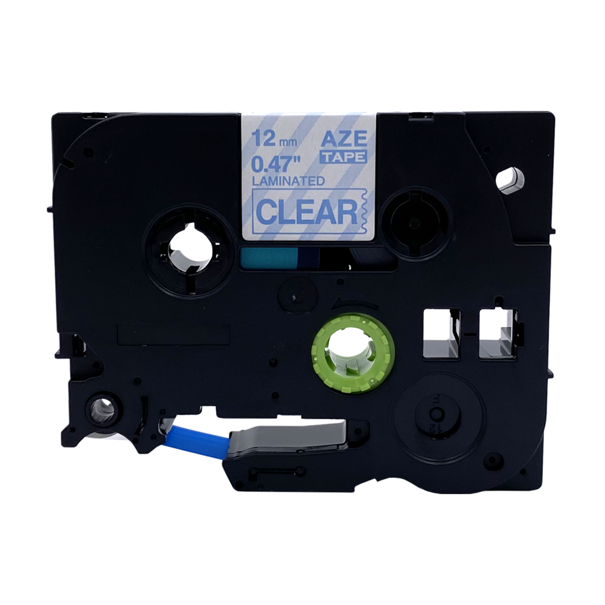 Zwarte labeltape met doorzichtig label. Tekst: '12mm 0.47" LAMINATED CLEAR'. Groene en blauwe details.