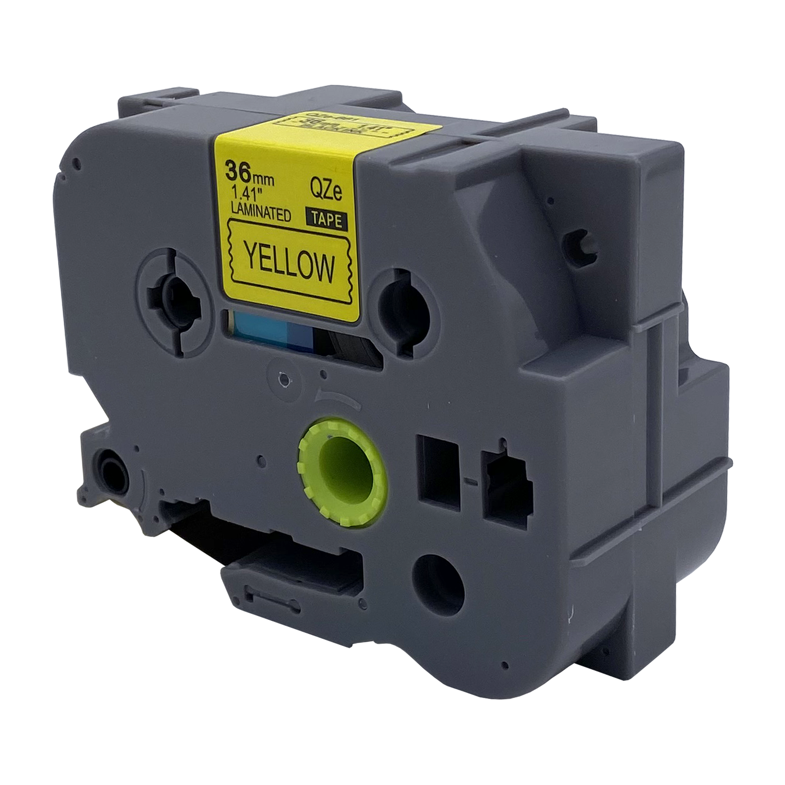 Grijze en zwarte labeltape cartridge met geel label. Tekst luidt 'YELLOW' en '36mm'.