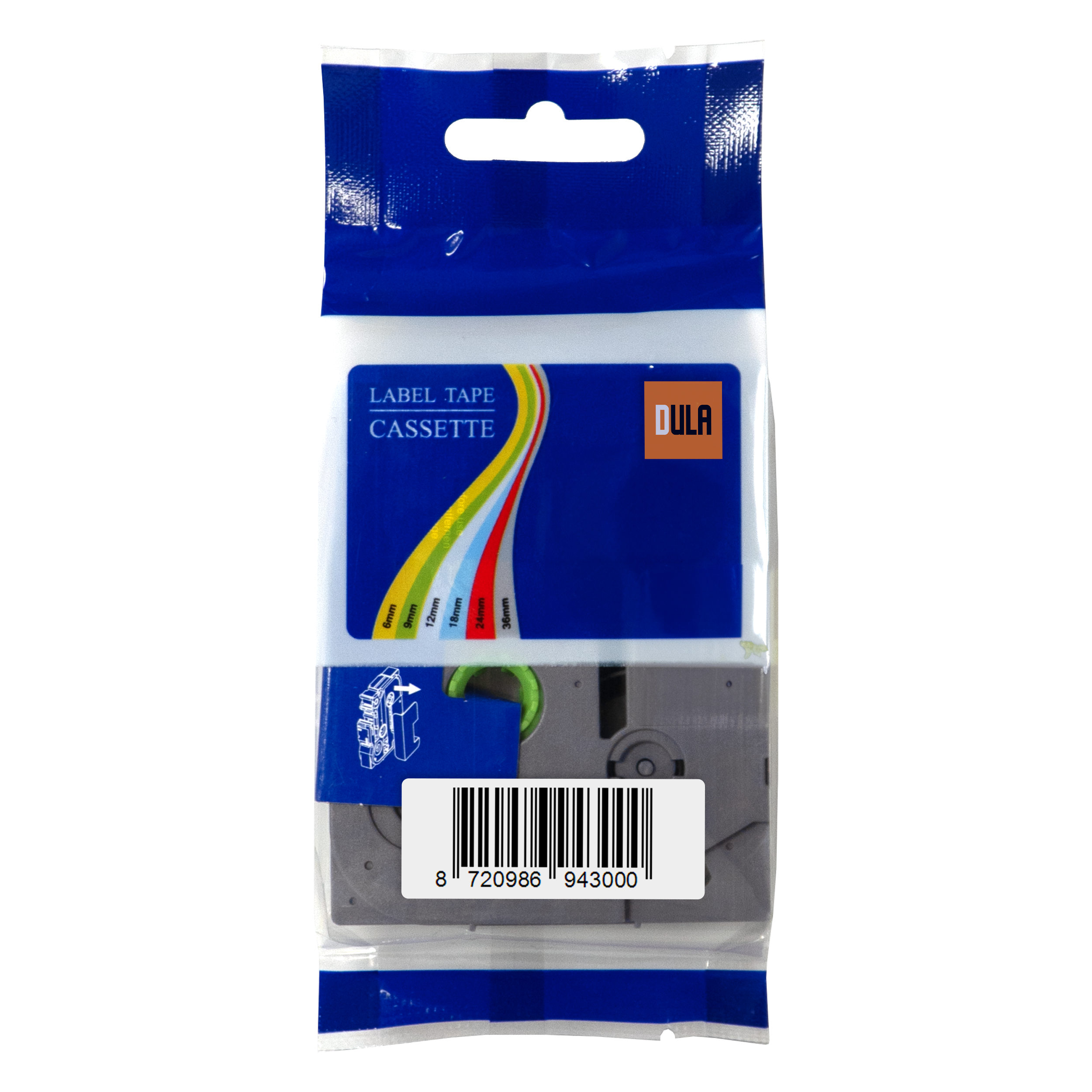 Tapetape cassette in blauw en wit plastic. Bevat een grijze labeltape. DULA-logo aanwezig.