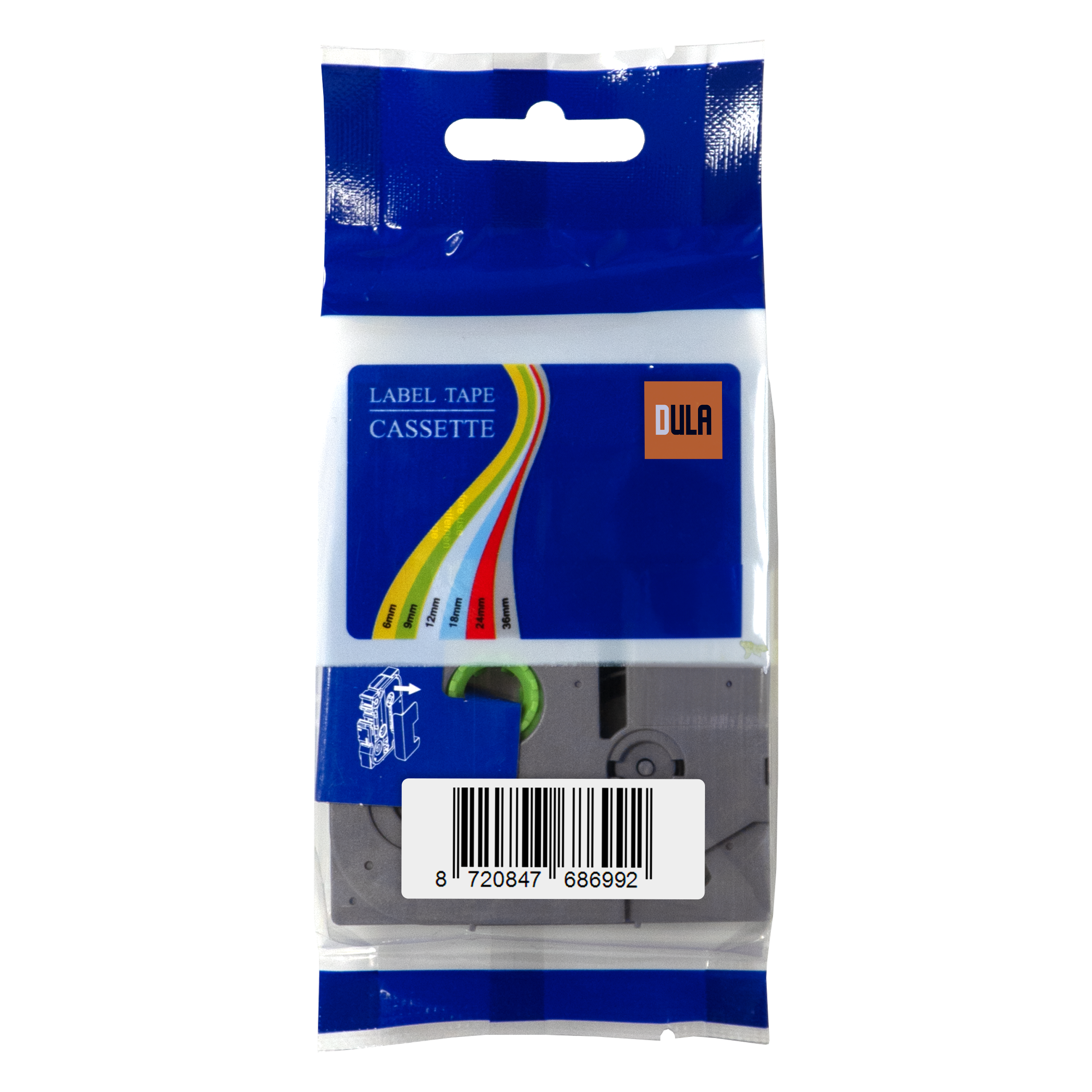 Een label tape cassette in een plastic verpakking. Witte en groene kleuren.