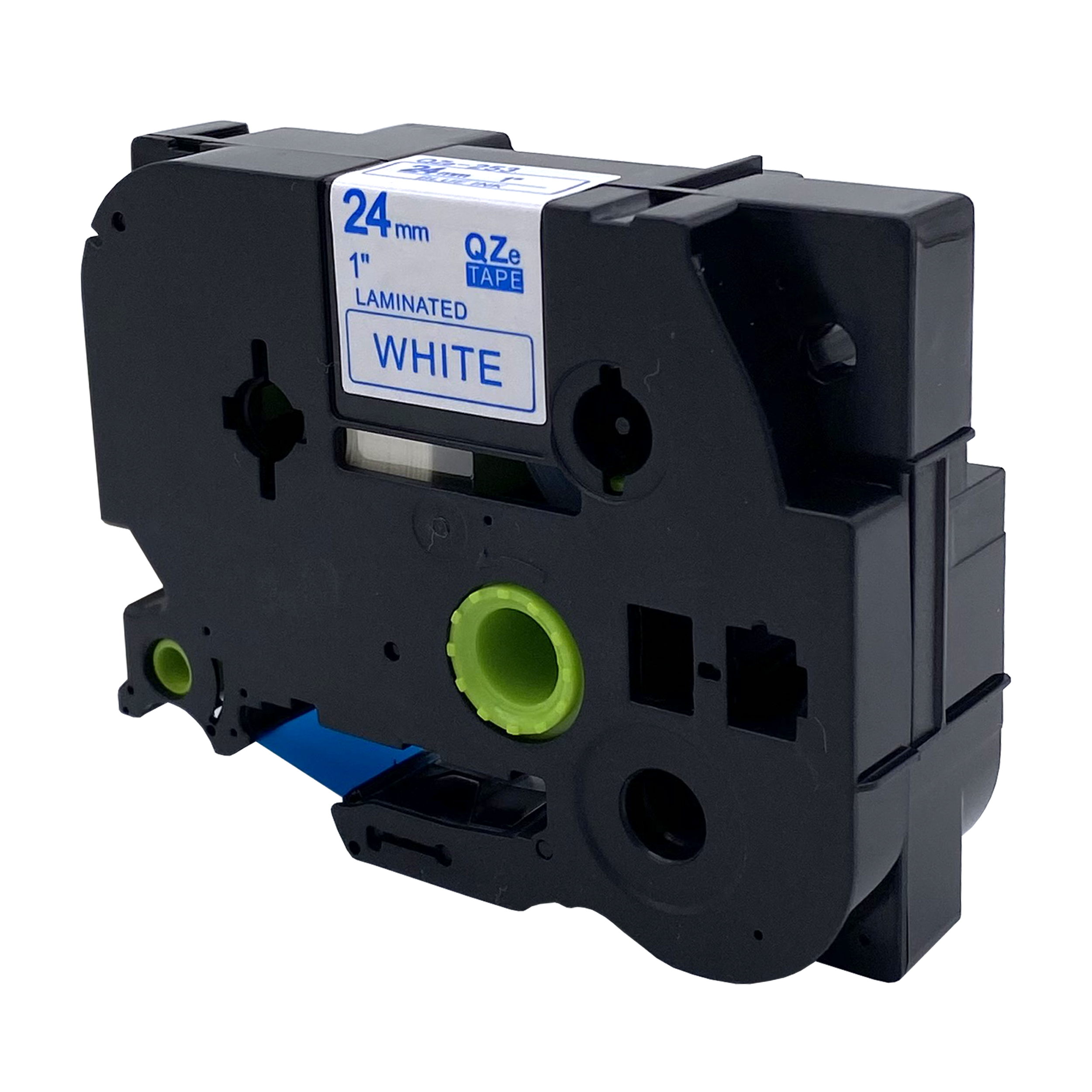 Zwarte labelmaker cartridge met wit label, tekst: 'WHITE 24mm 1" LAMINATED TAPE'.