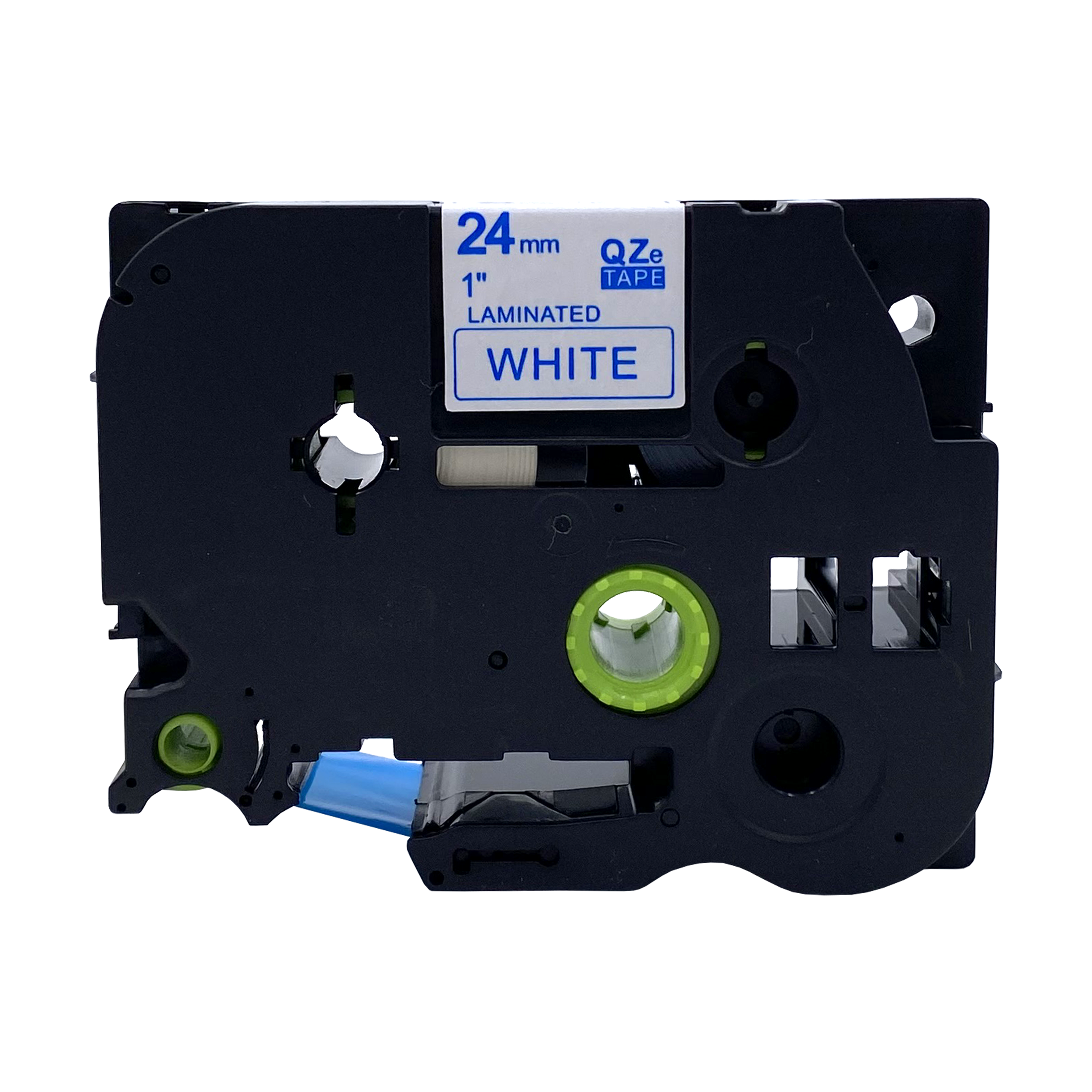 A label maker with a white label. It has 'WHITE 24mm 1' LAMINATED QZe TAPE' on it.