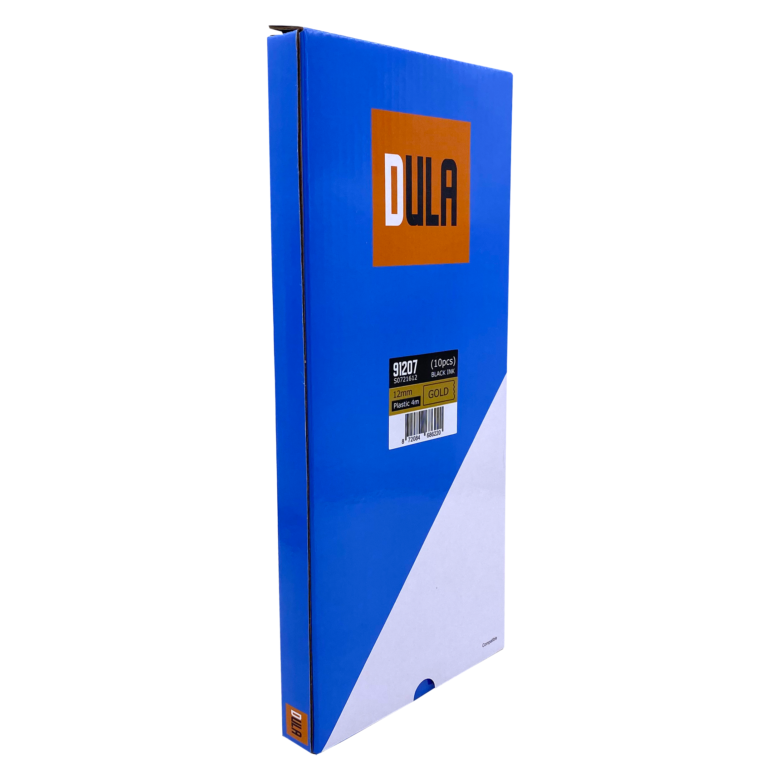 A blue and white box with a Dula logo and gold labels inside.