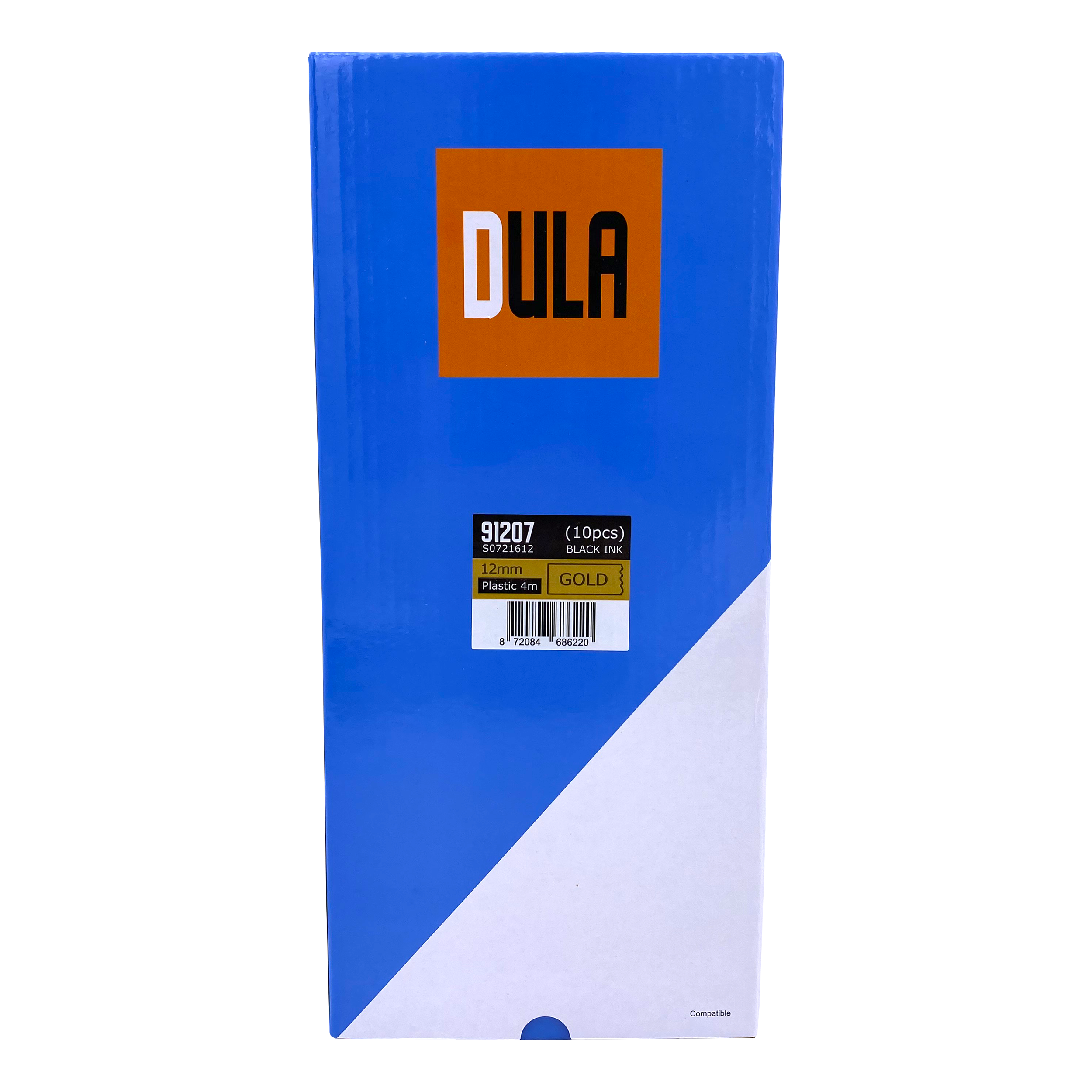 A blue box with a DULA logo and gold label tape for label maker. 