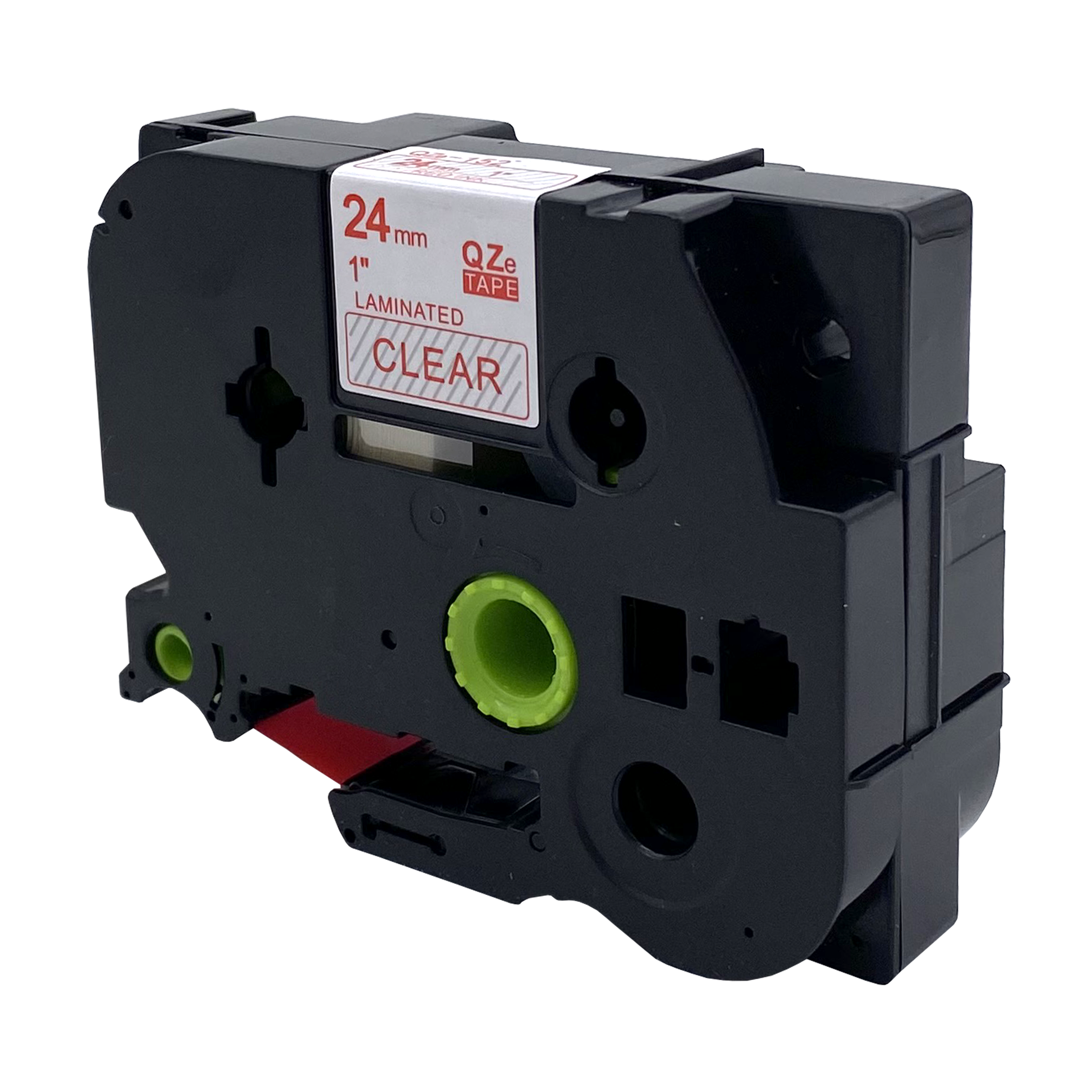 Een labelmaker met een doorzichtig label. Er staat 'CLEAR 24mm 1' LAMINATED QZe TAPE' op.