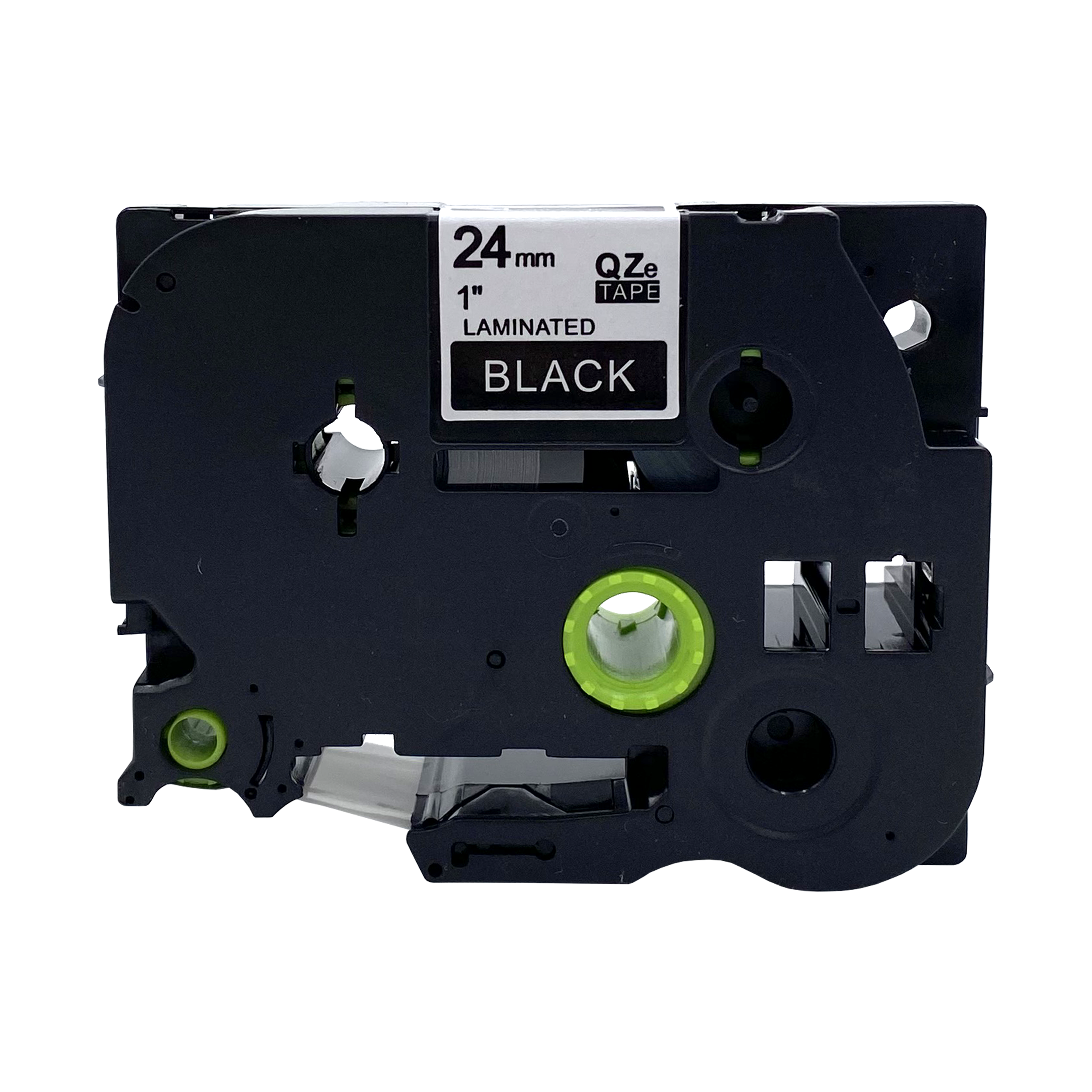 Black label tape cassette. 24mm wide, 1 inch. Laminated. QZe tape.