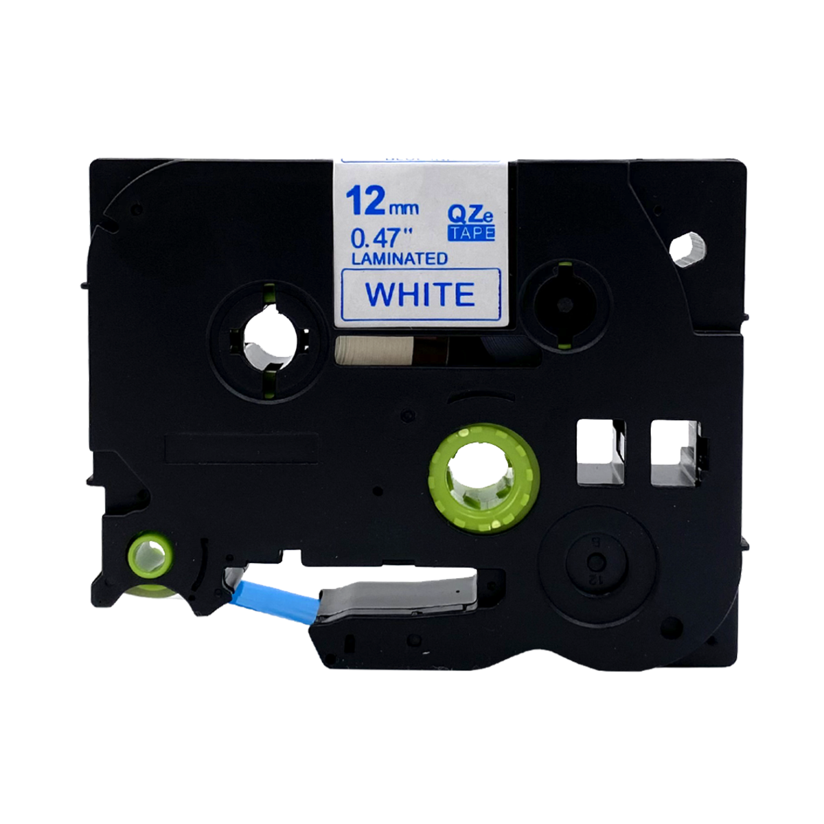Een zwarte tape cartridge met een wit label. Label zegt wit en 12mm, 0.47".