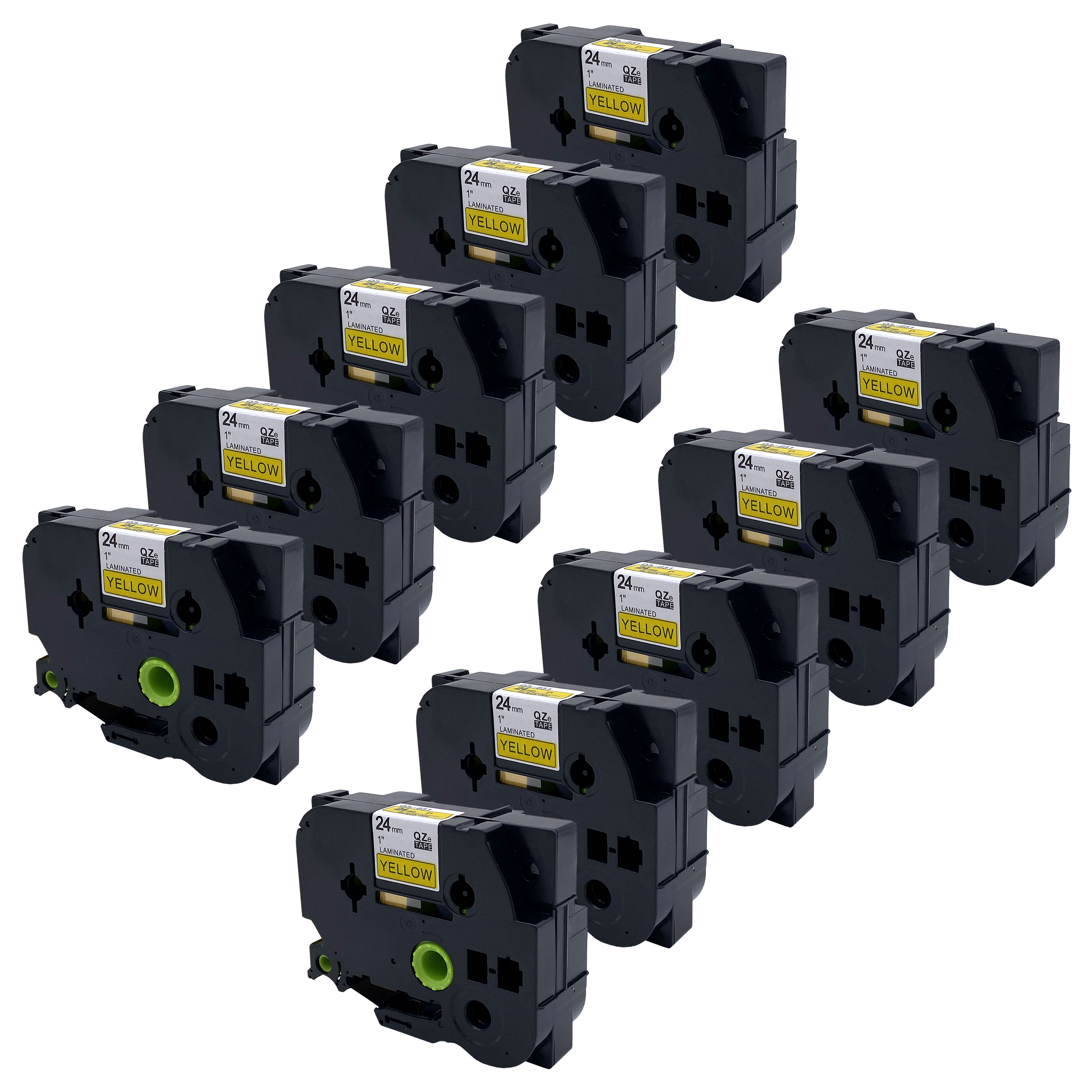 Tien zwarte tapecassettes met gele labels.
