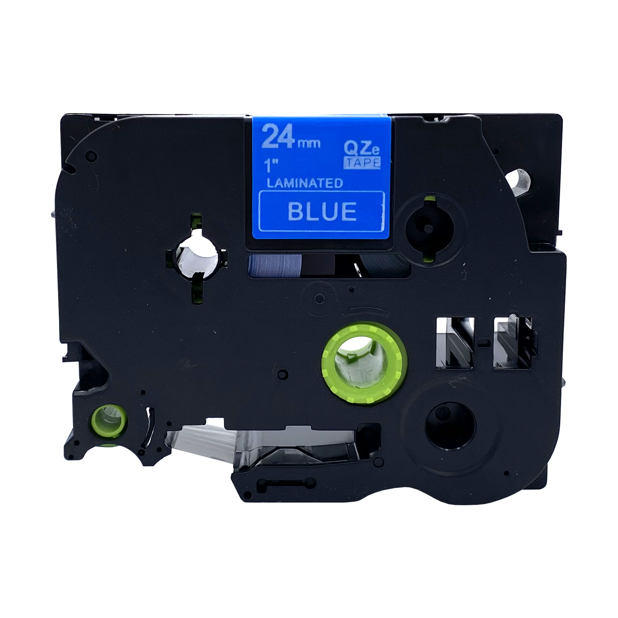 Zwarte labeltape met blauw label. Tekst: '24mm 1" LAMINATED BLUE'. Groene en witte details.