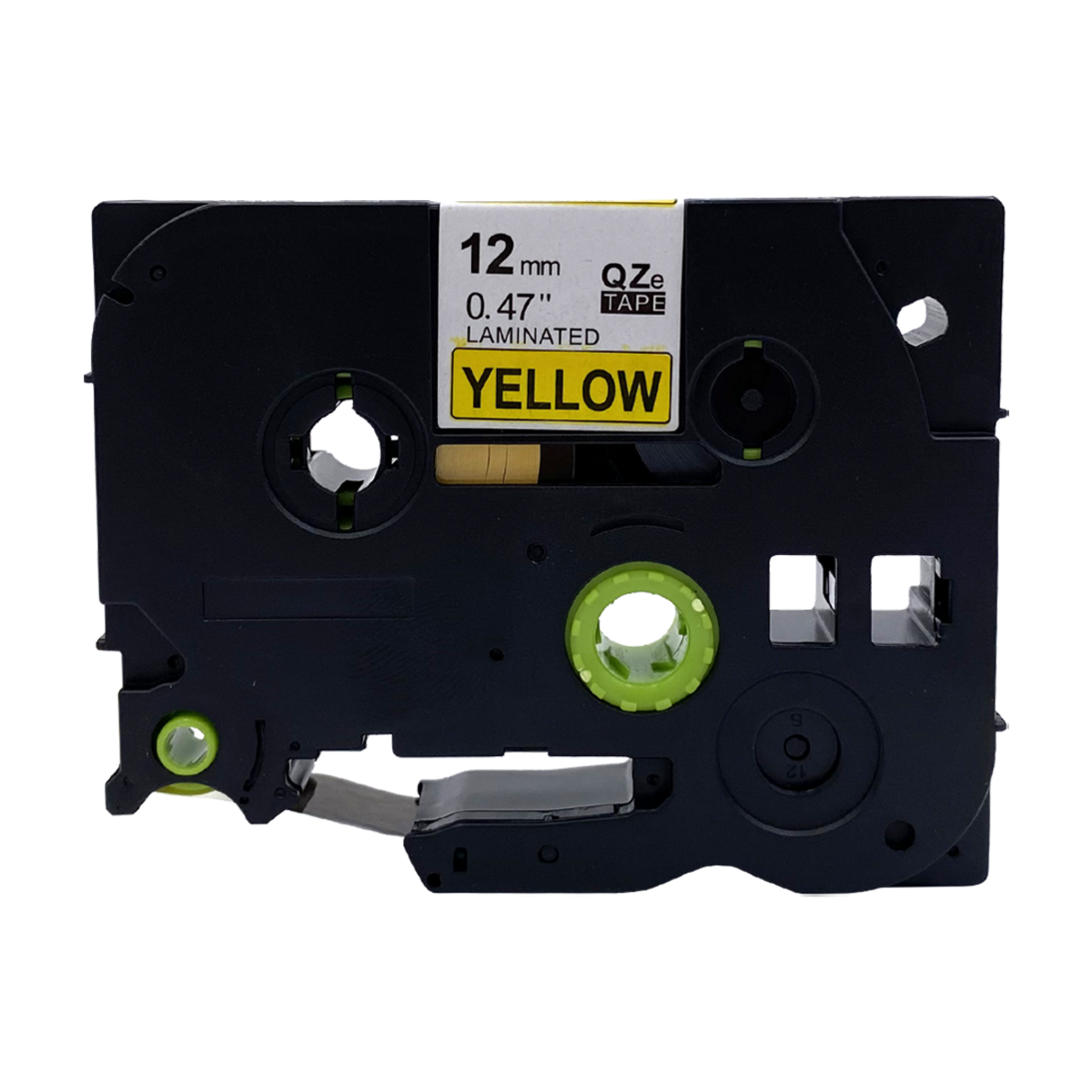 Een zwarte labelprinter tape cartridge met gele, gelamineerde labels.