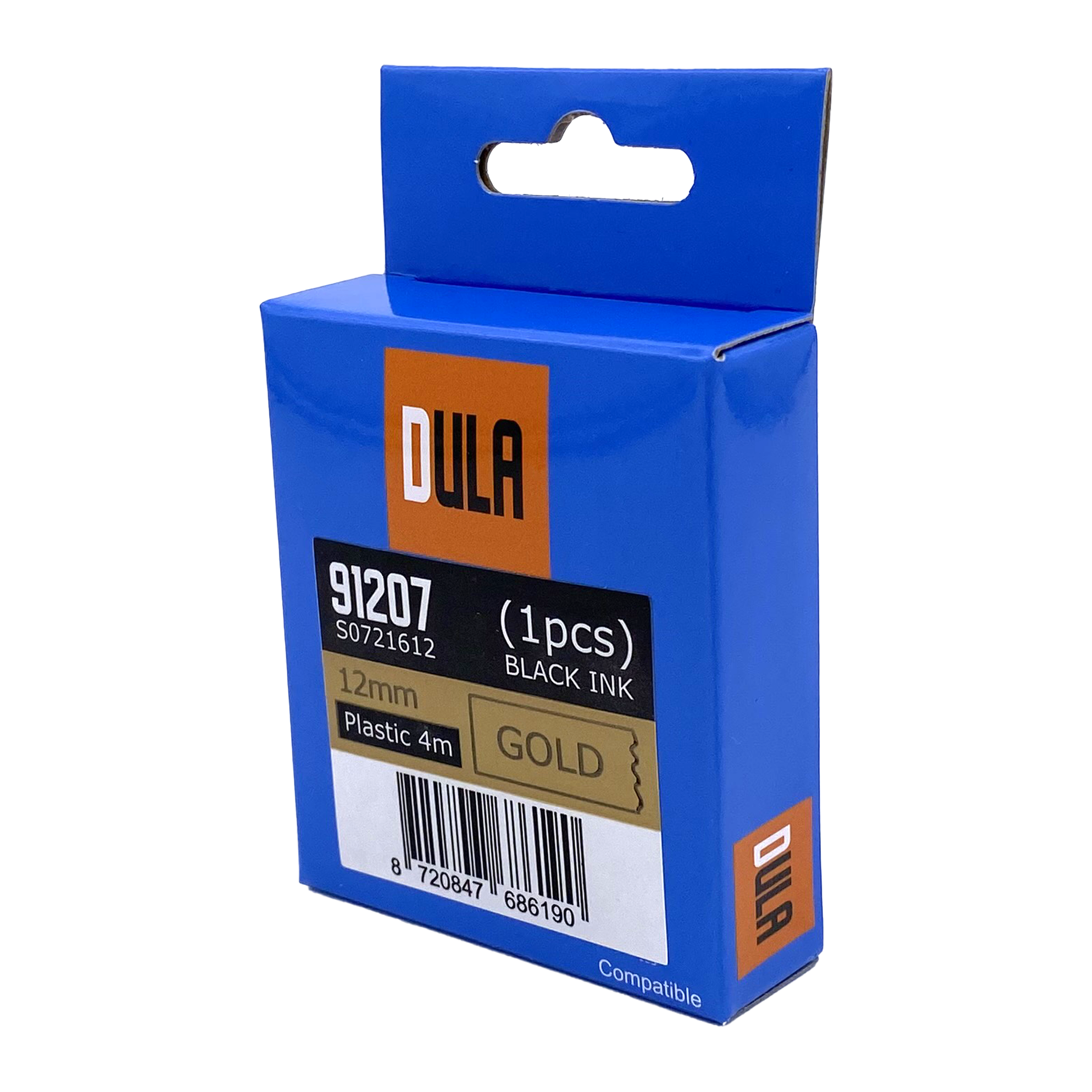 A blue box with DULA branding, containing a label tape cartridge, black ink, gold text.