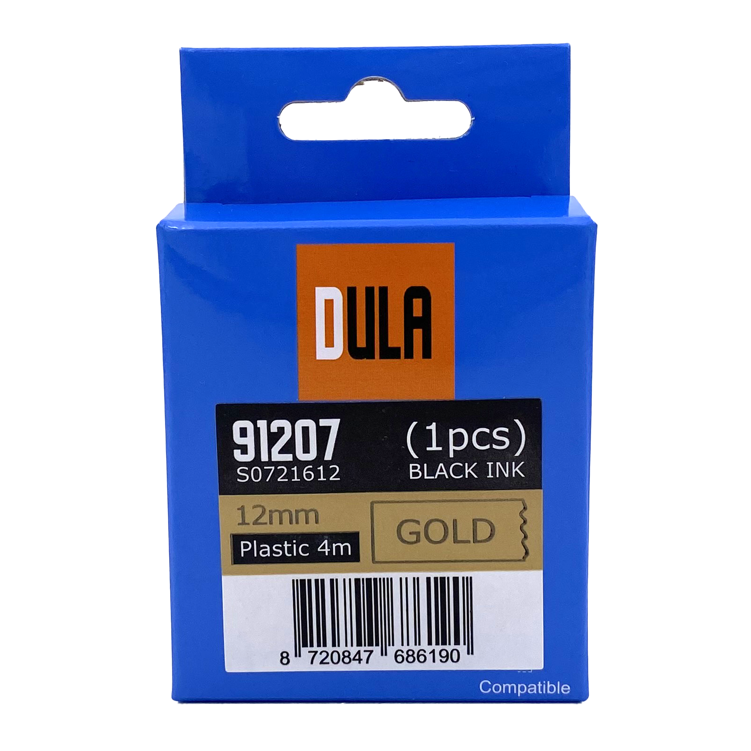 Blue box of black ink. Label reads DULA, 91207, 12mm, plastic, gold.