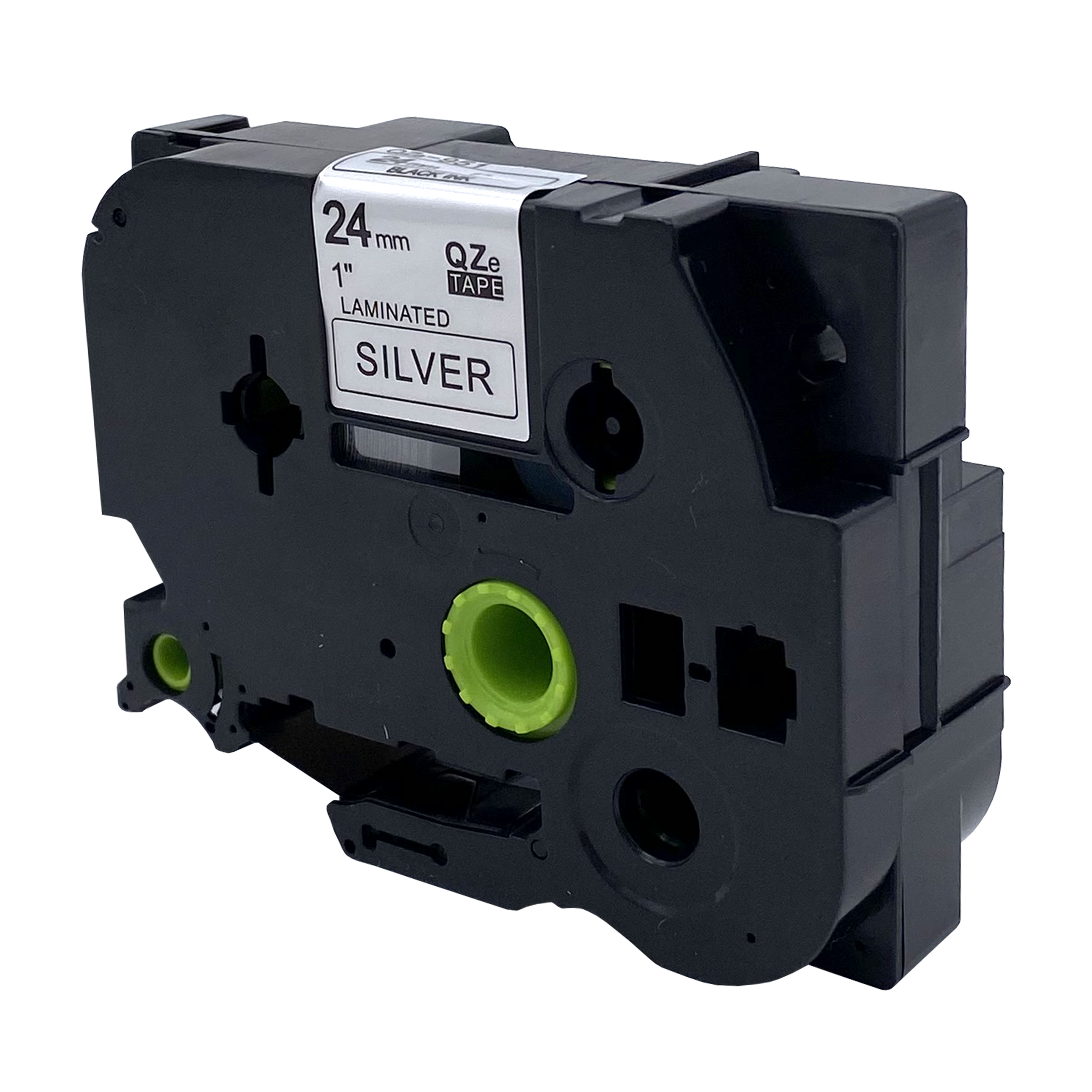 Zwarte en grijze labeltape cartridge met zilveren label. Tekst luidt 'SILVER' en '24mm'.