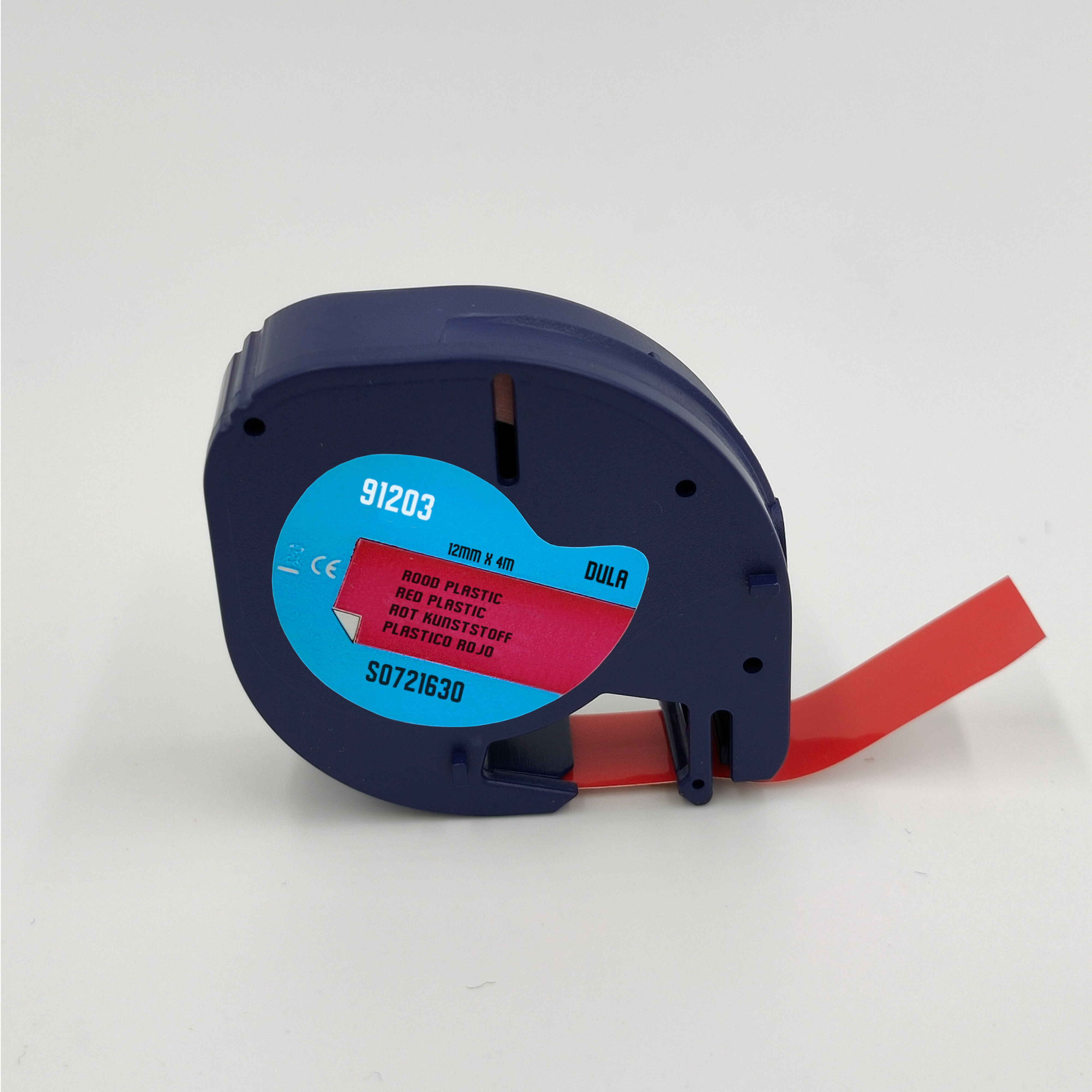Blue and red tape dispenser with red tape extended. Label reads 91203, red plastic, DULA.