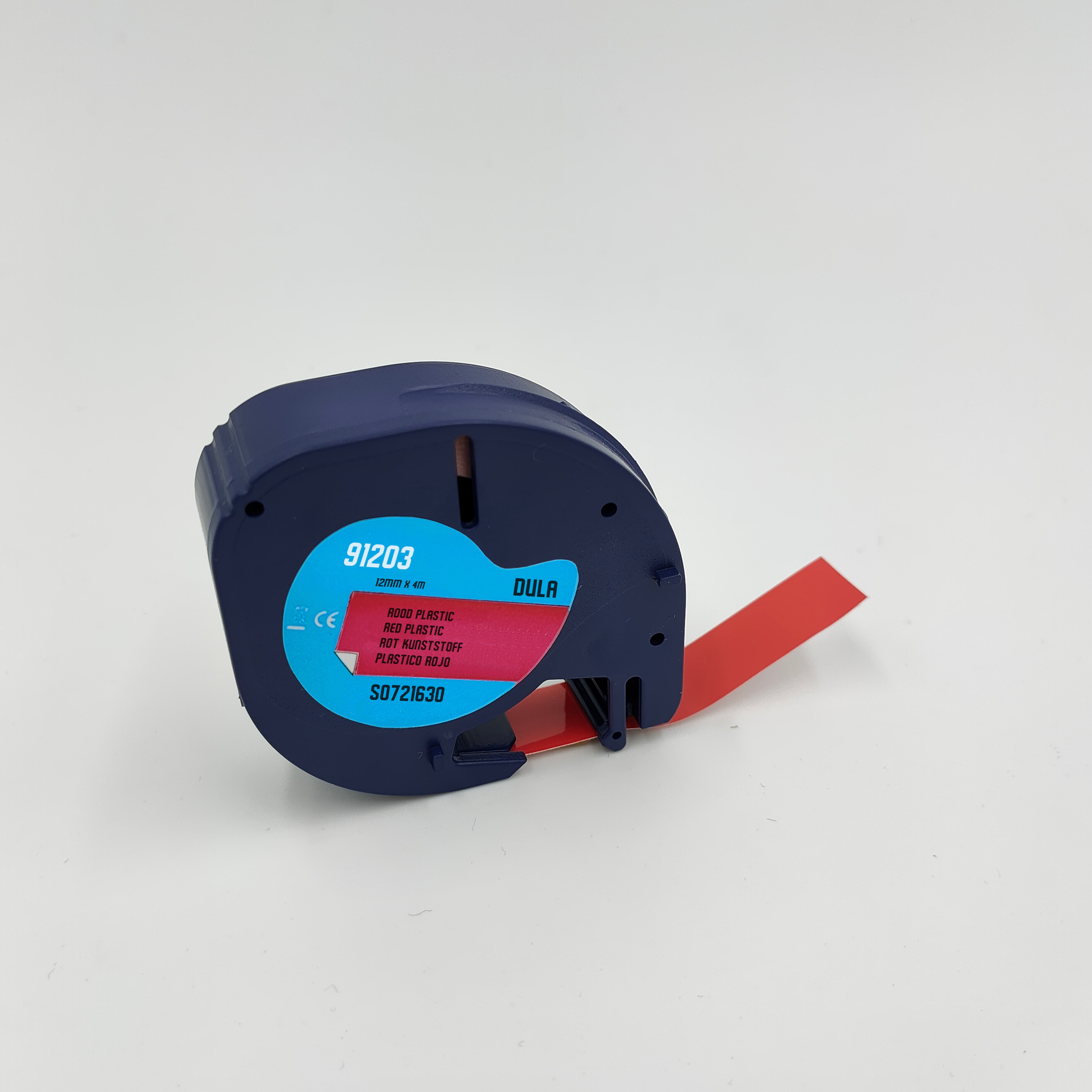 A blue label tape cartridge with red text that says 'RED'.