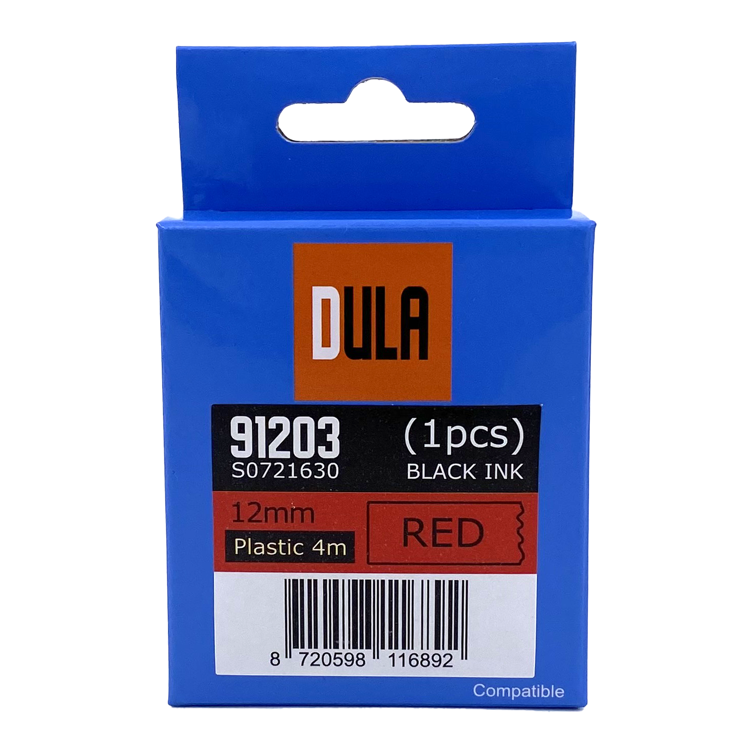 Blue box with orange label, reads 'DULA'. Product is black ink cartridge for label maker.
