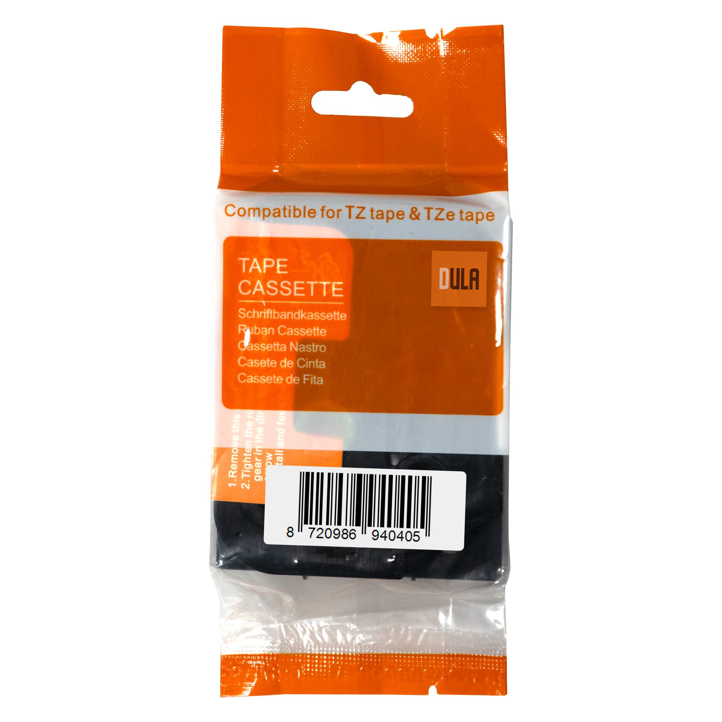 Plastic zak met tapetape, bevat zwarte tape. Tape leest "TAPE CASSETTE" en heeft een barcode.
