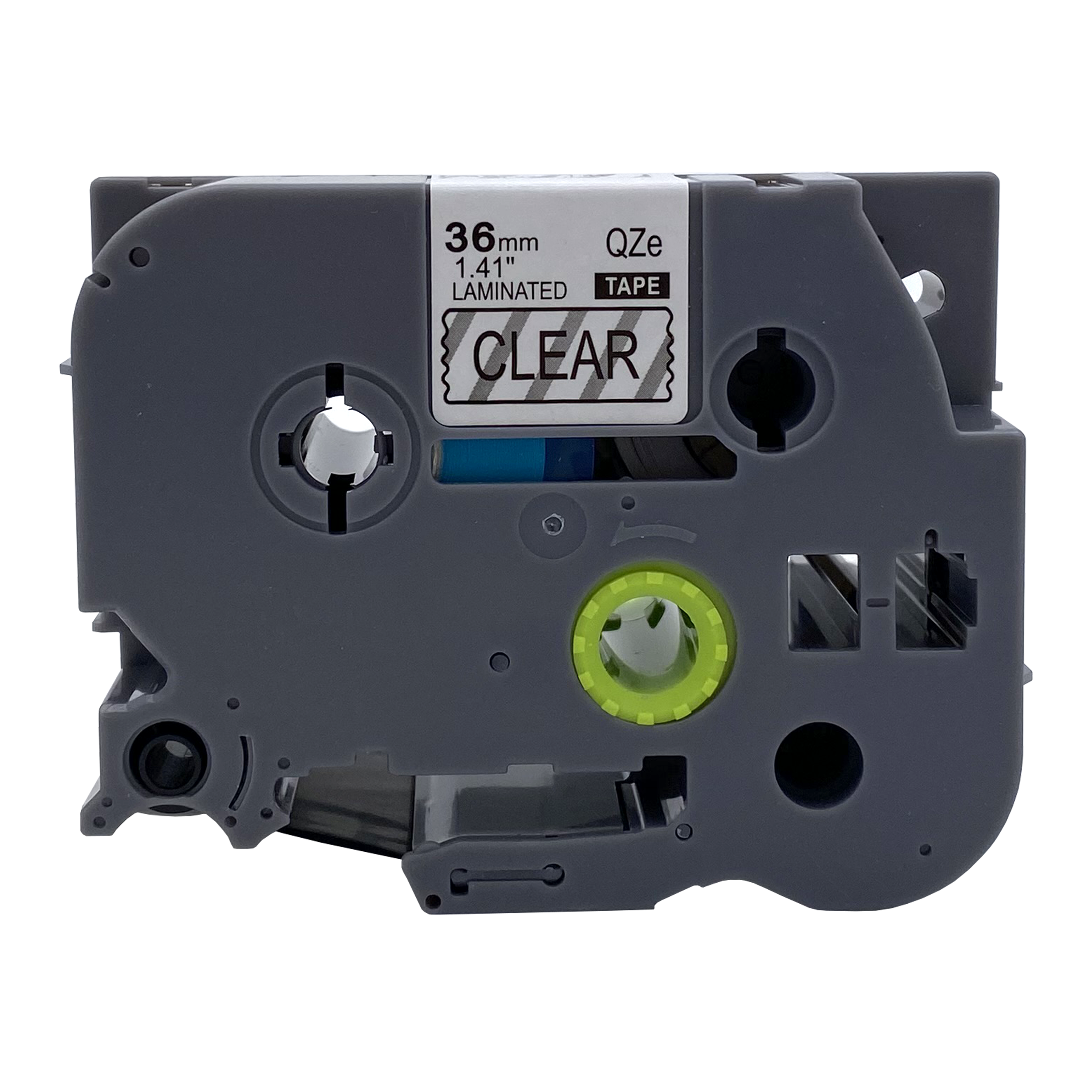 Gray label maker cartridge with clear tape. It has a white label that says 'CLEAR'.
