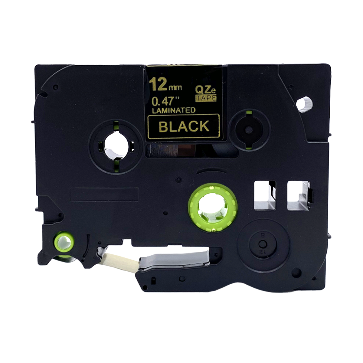Zwarte labelmaker cartridge met zwarte tape, met label 'BLACK'.