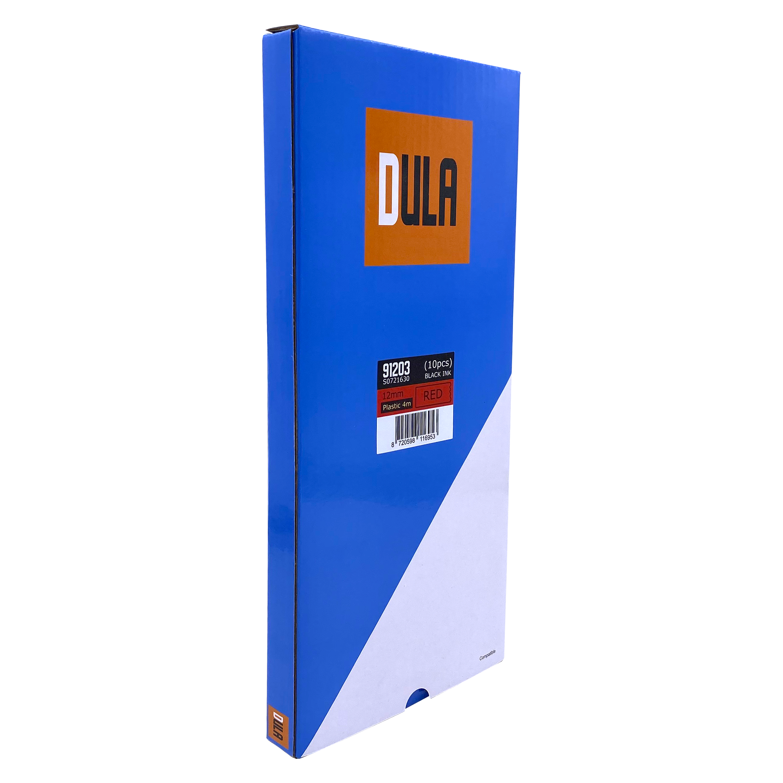 Blue box with a label that reads DULA, black tape, and red text. Box has a barcode.