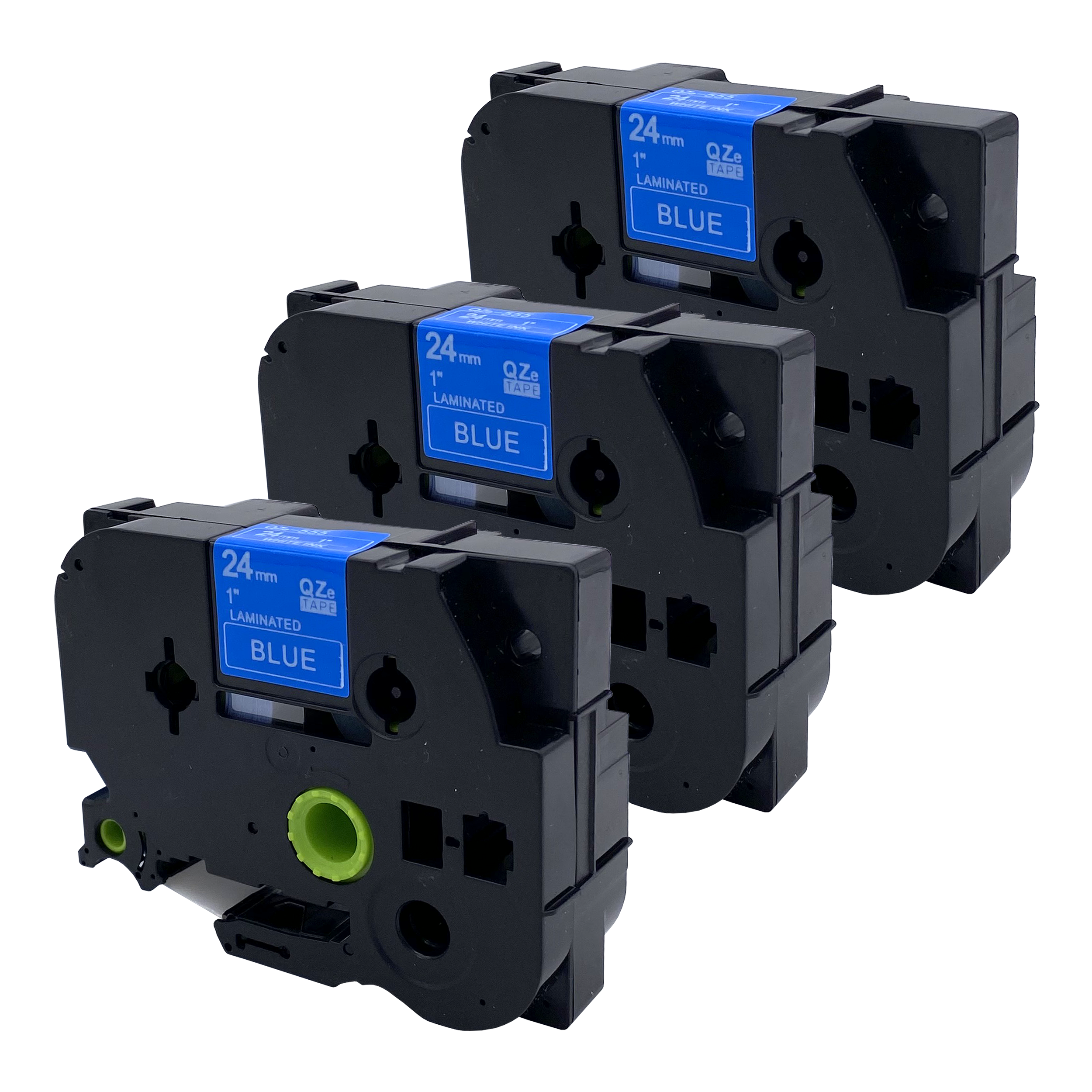 Drie blauwe etikettentape-cartridges. Elke cartridge heeft een blauw label met tekst.