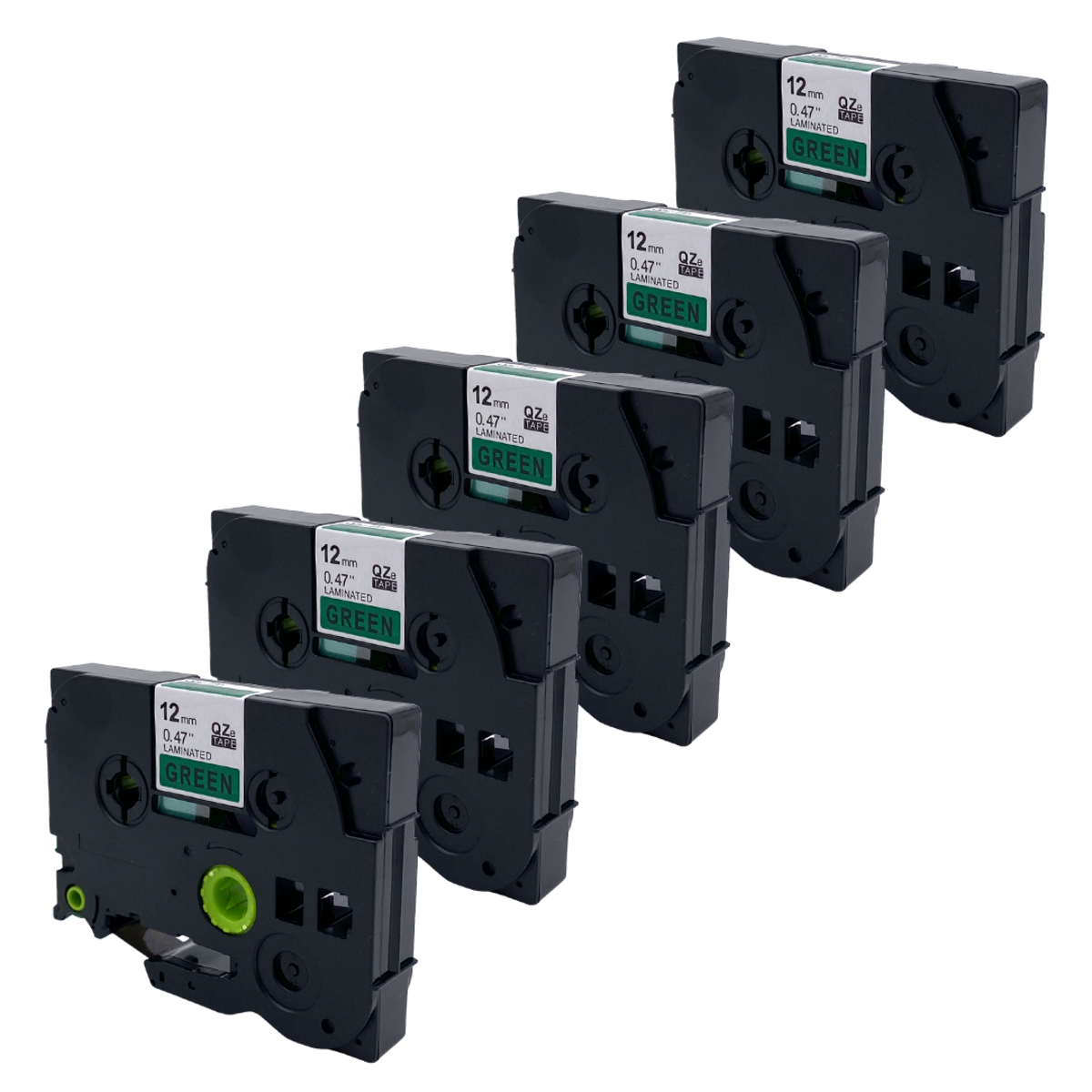 Vijf zwarte labelprinter tape cartridges met groene, gelamineerde labels.
