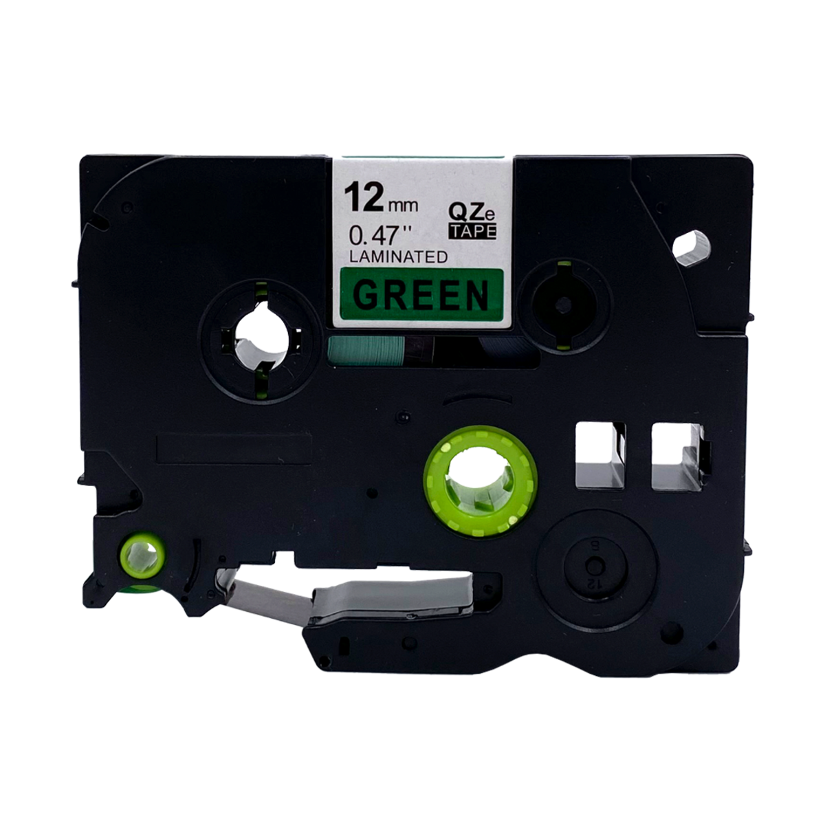 Groene etikettentape cassette. 12 mm breed, 0,47 inch. Gelamineerd. QZe tape.