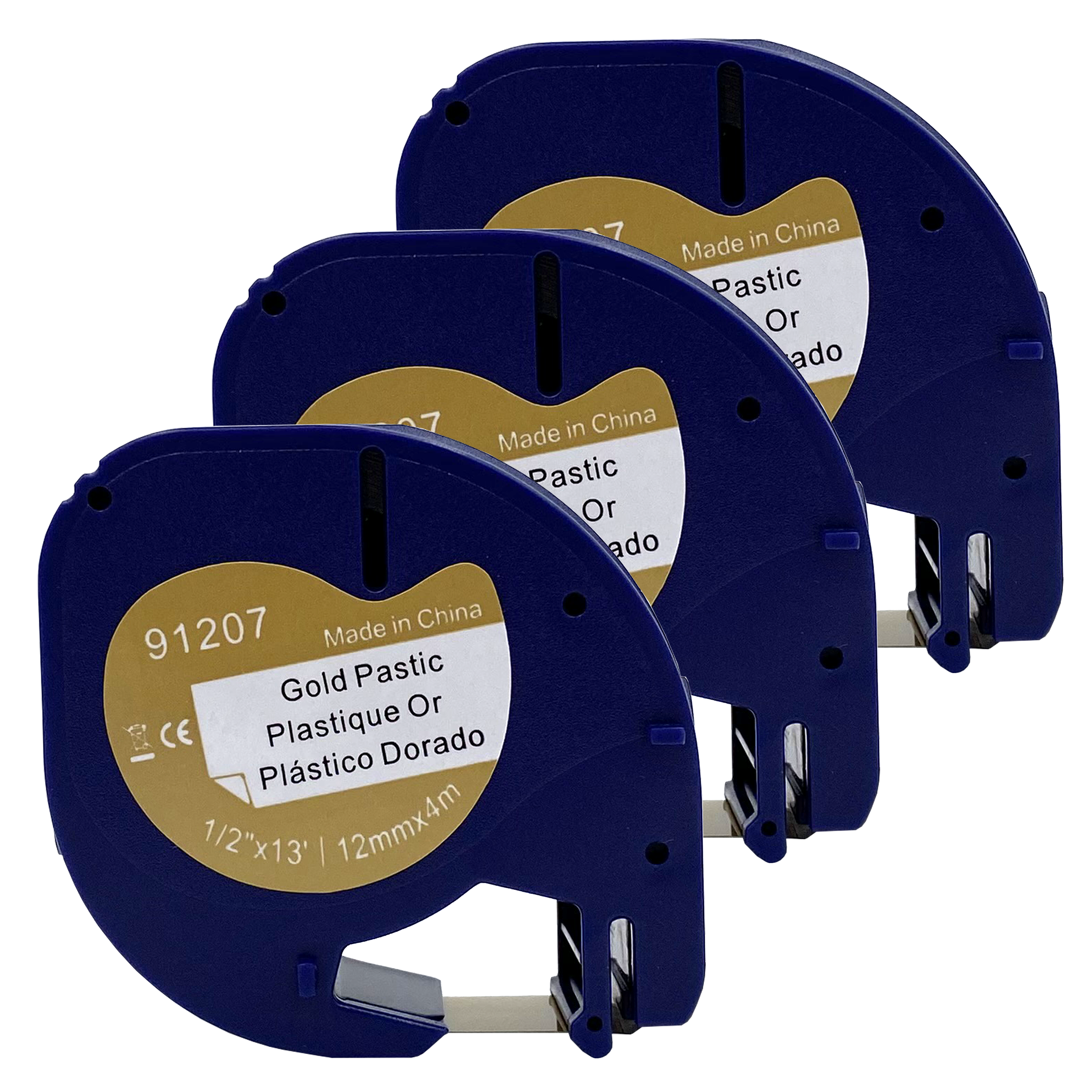 Drie blauwe labelmaker cartridges met goudkleurige plastic label tape.