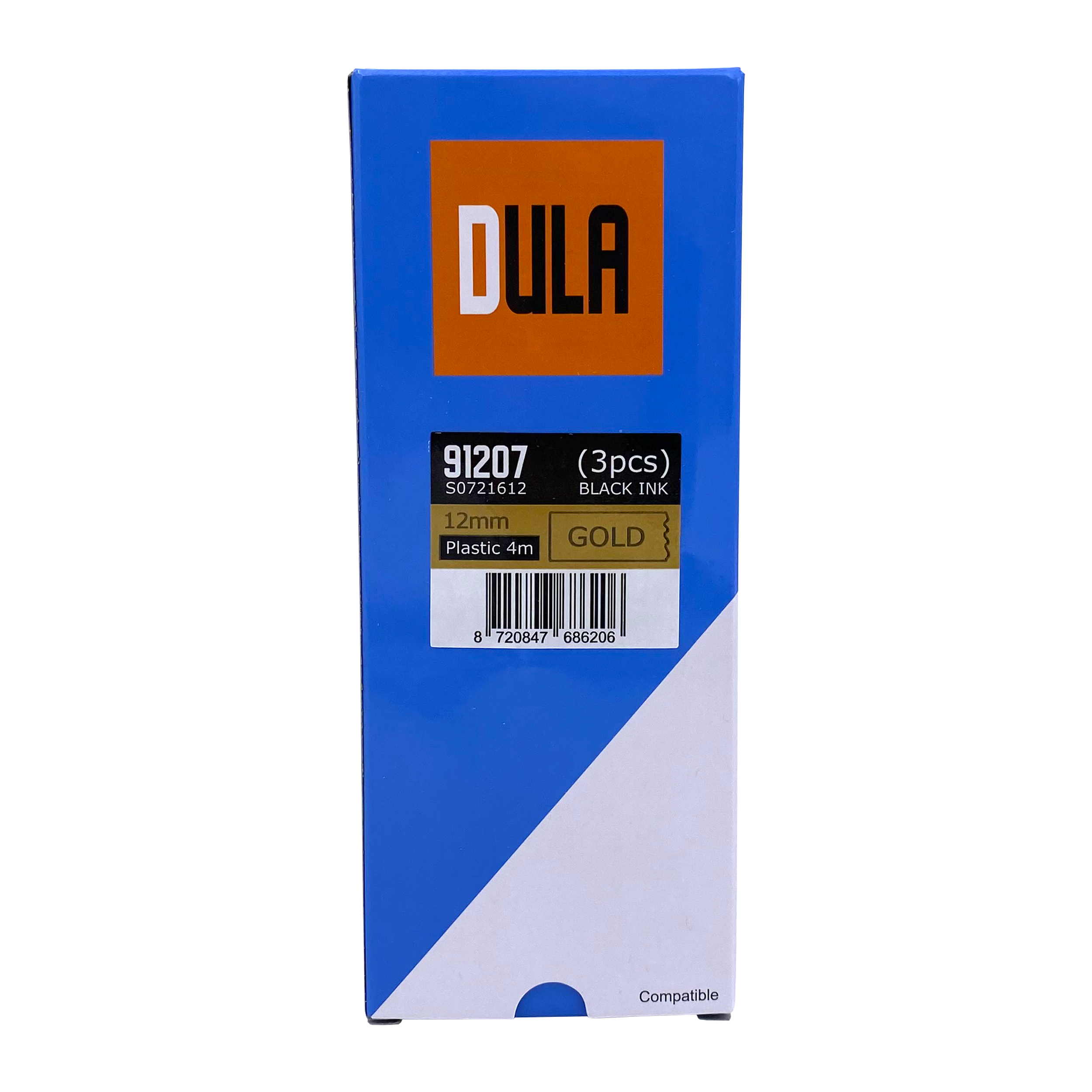 Een blauwe doos met 'DULA' en productdetails voor zwarte inktnavullingen. Gouden label.