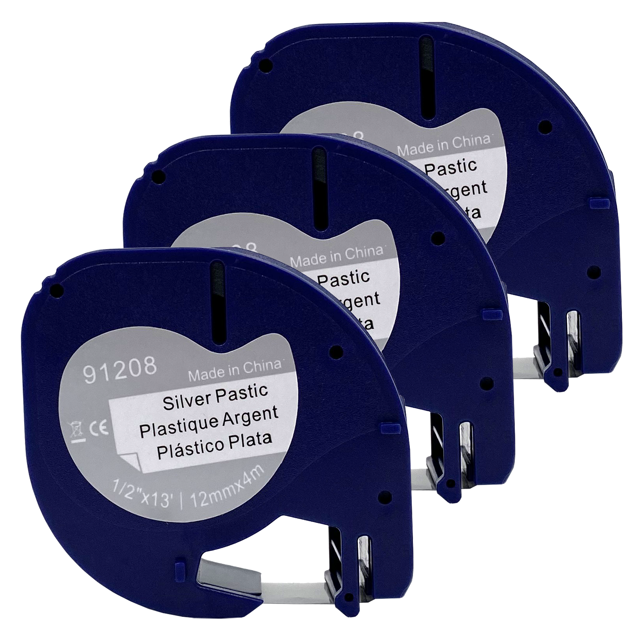Drie blauwe labeltape cartridges met zilveren tekst, gemaakt in China, op een witte achtergrond.