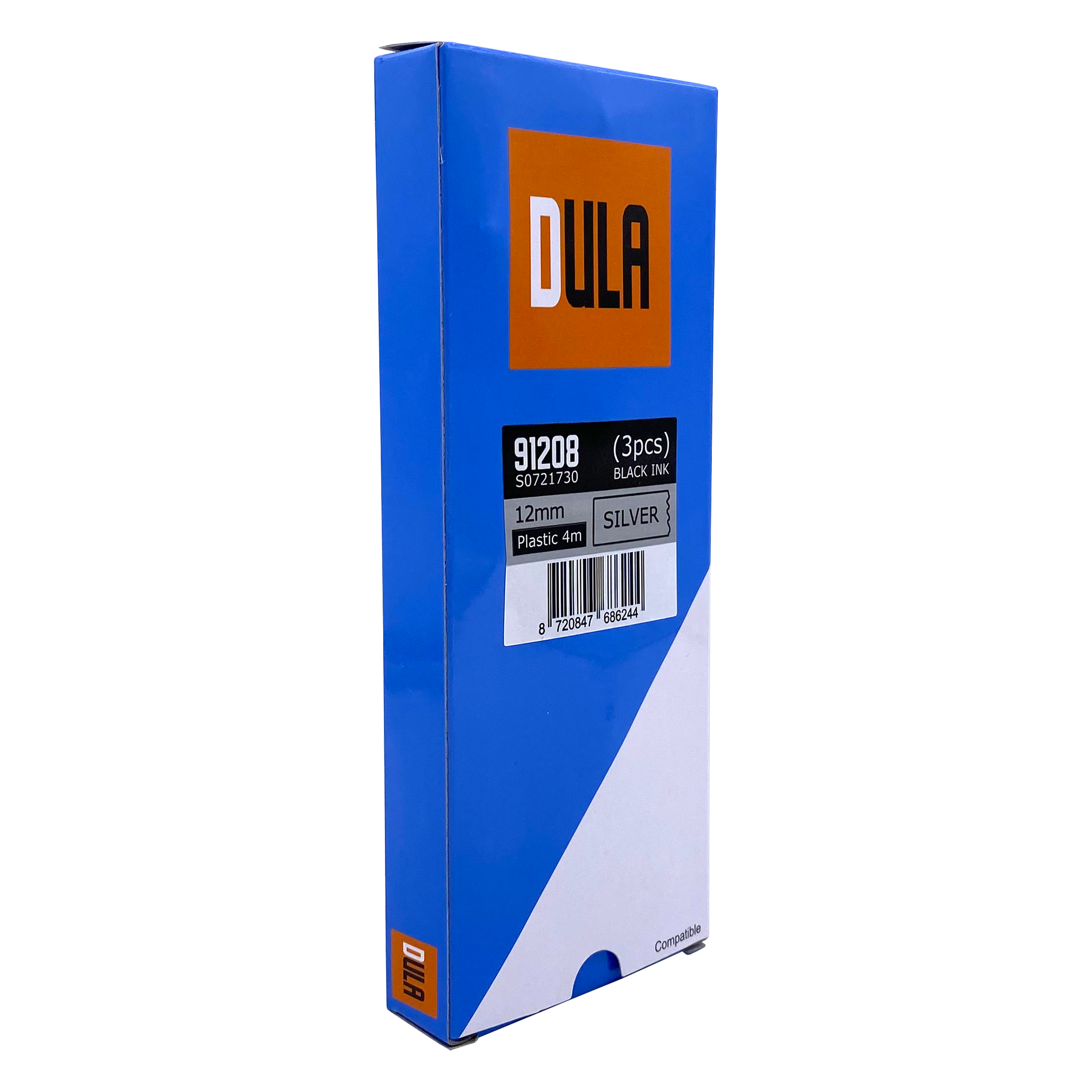 Blauwe doos met zwarte inkt. Label zegt DULA, 91208, 12mm, plastic, zilver.