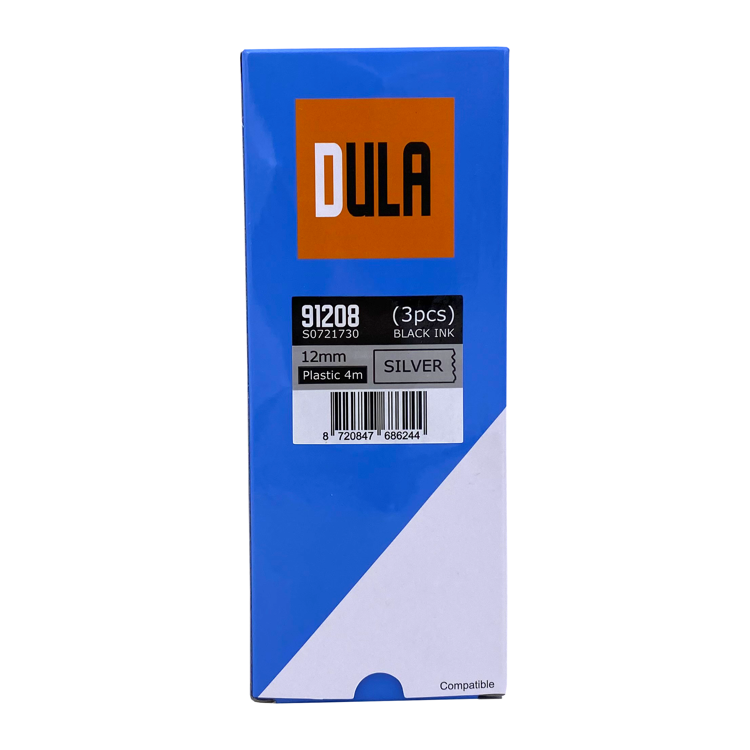 Wit en zilver label met de tekst '91208 (3pcs) BLACK INK SILVER'. Blauw en witte verpakking.