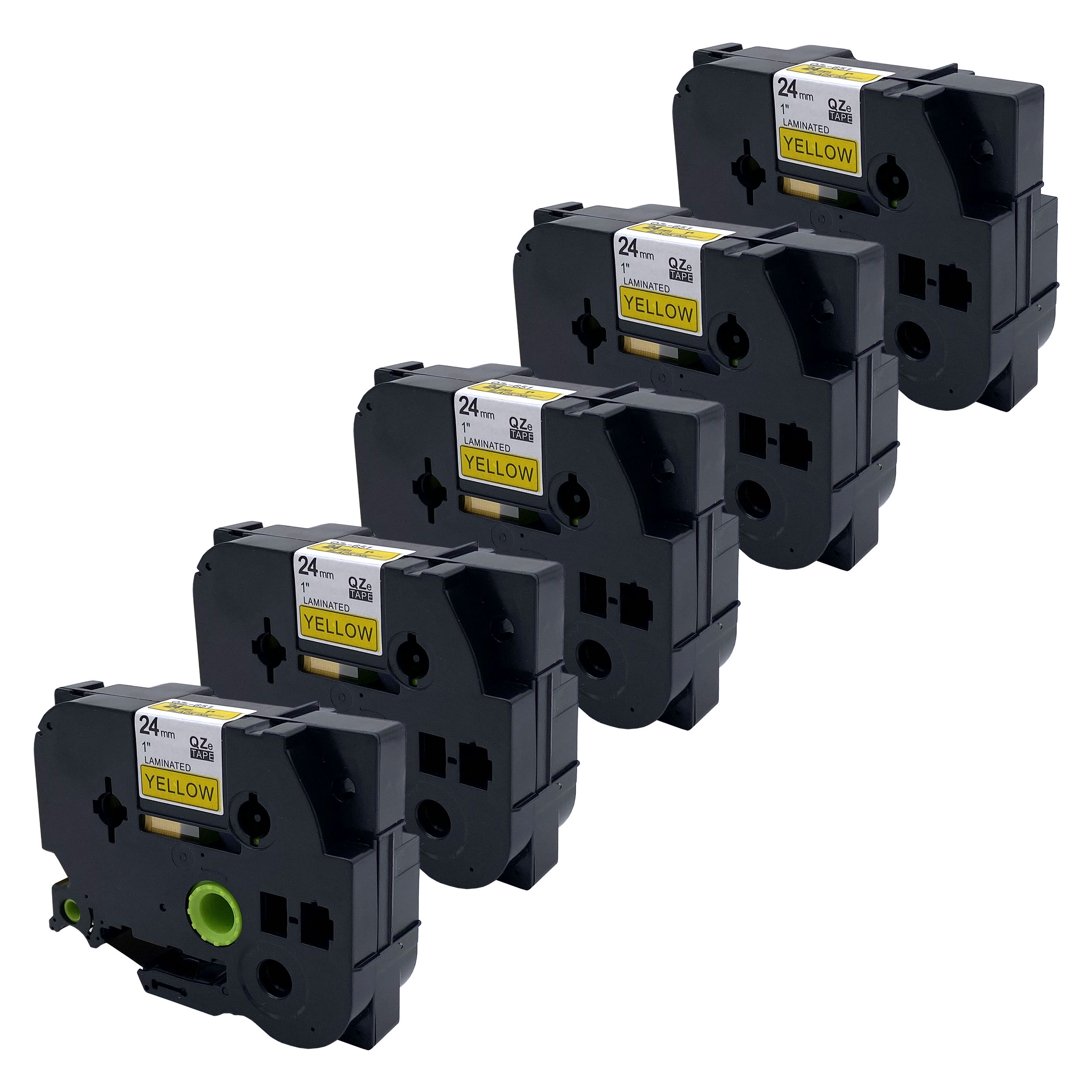 Vijf zwarte tapecassettes met gele labels waarop 'YELLOW' staat.