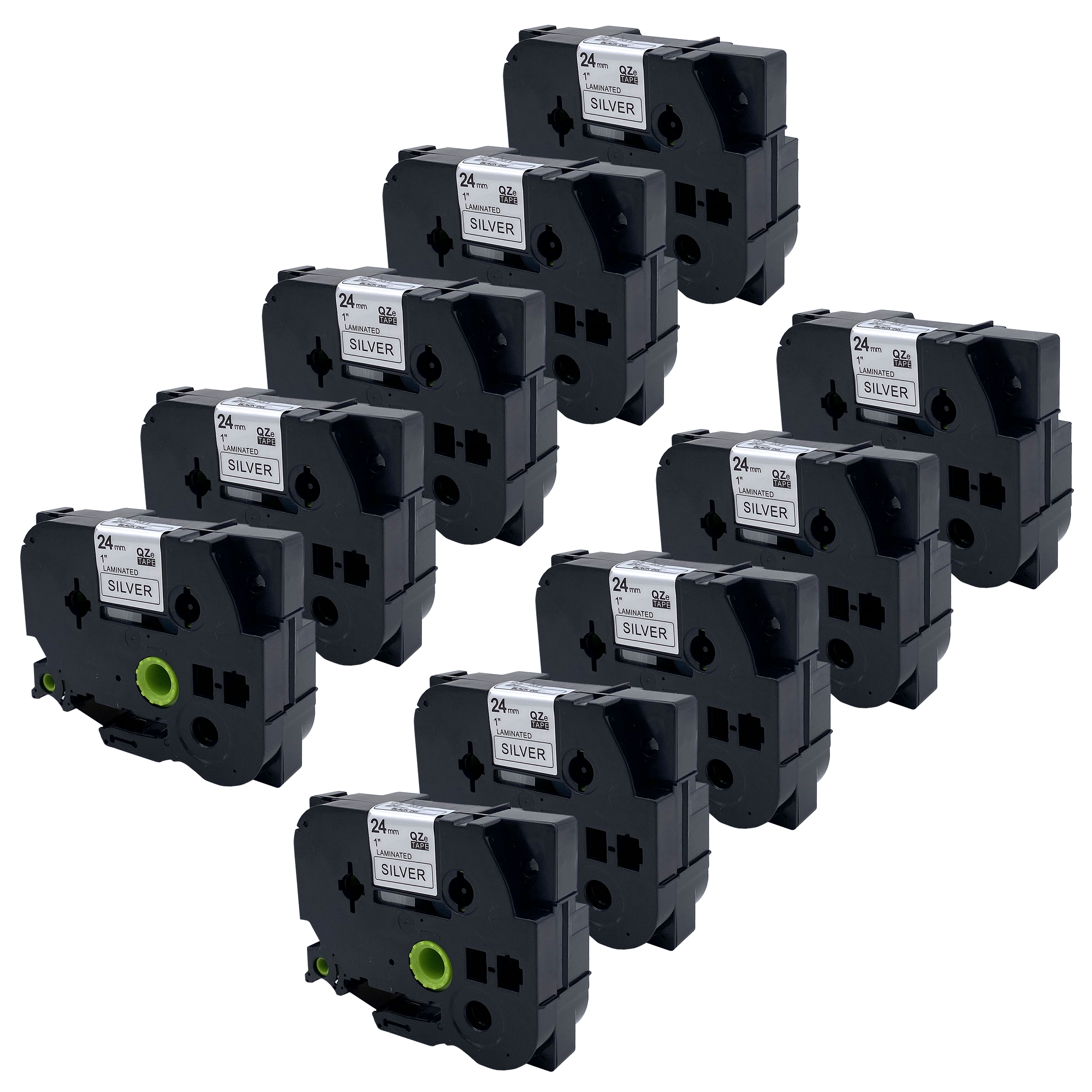 Tien labelmaker cartridges, blauwe labels, zwarte cartridges.