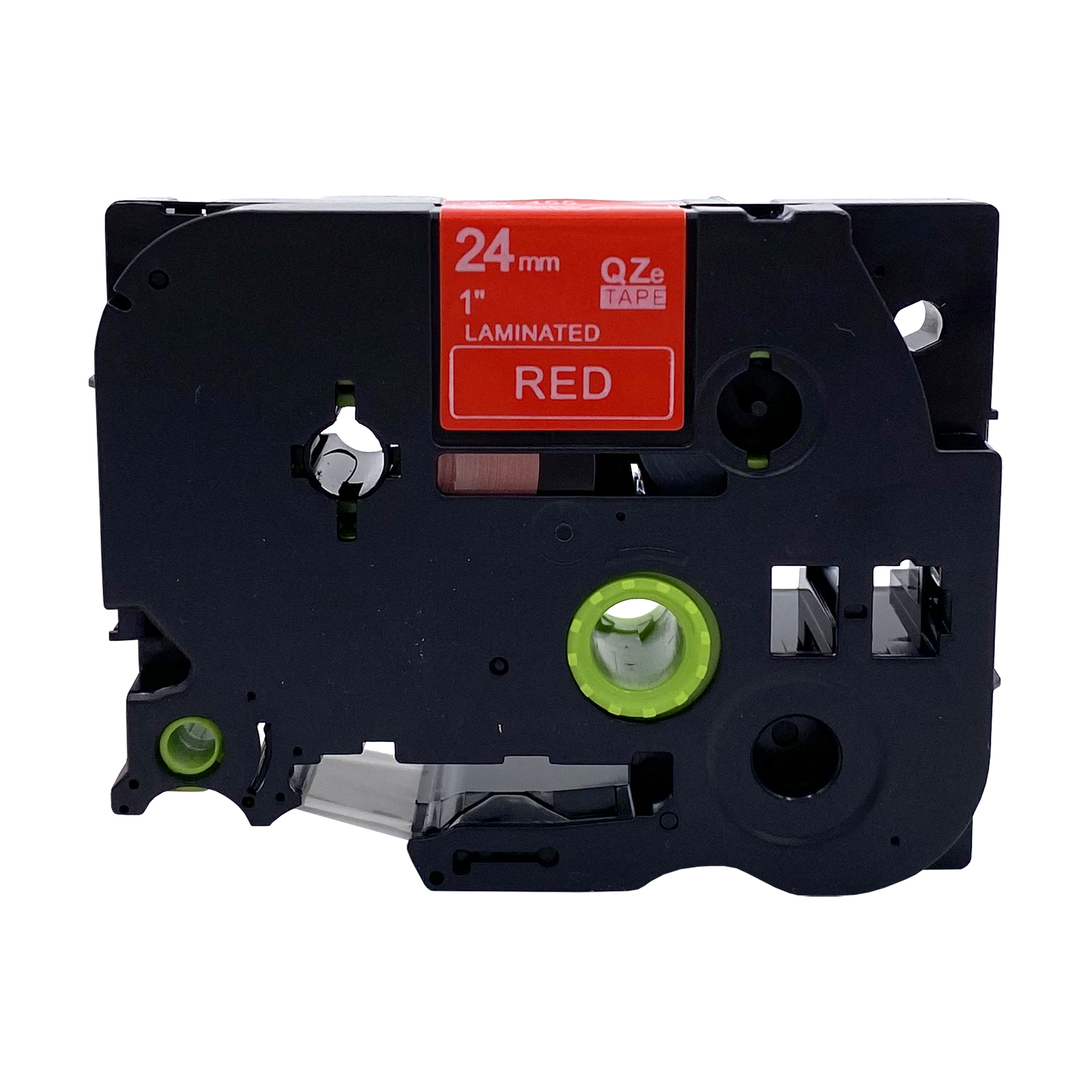 Zwarte tape cassette met rood label. Tekst: 24mm, 1", LAMINATED, RED, QZe TAPE. Witte achtergrond.