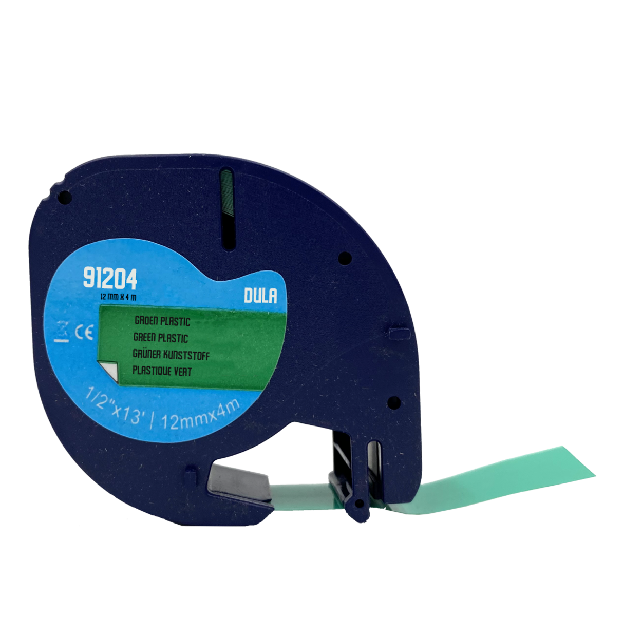 Blauwe tapedispenser met groen tape verlengd. Label zegt 91204, groen plastic, DULA.