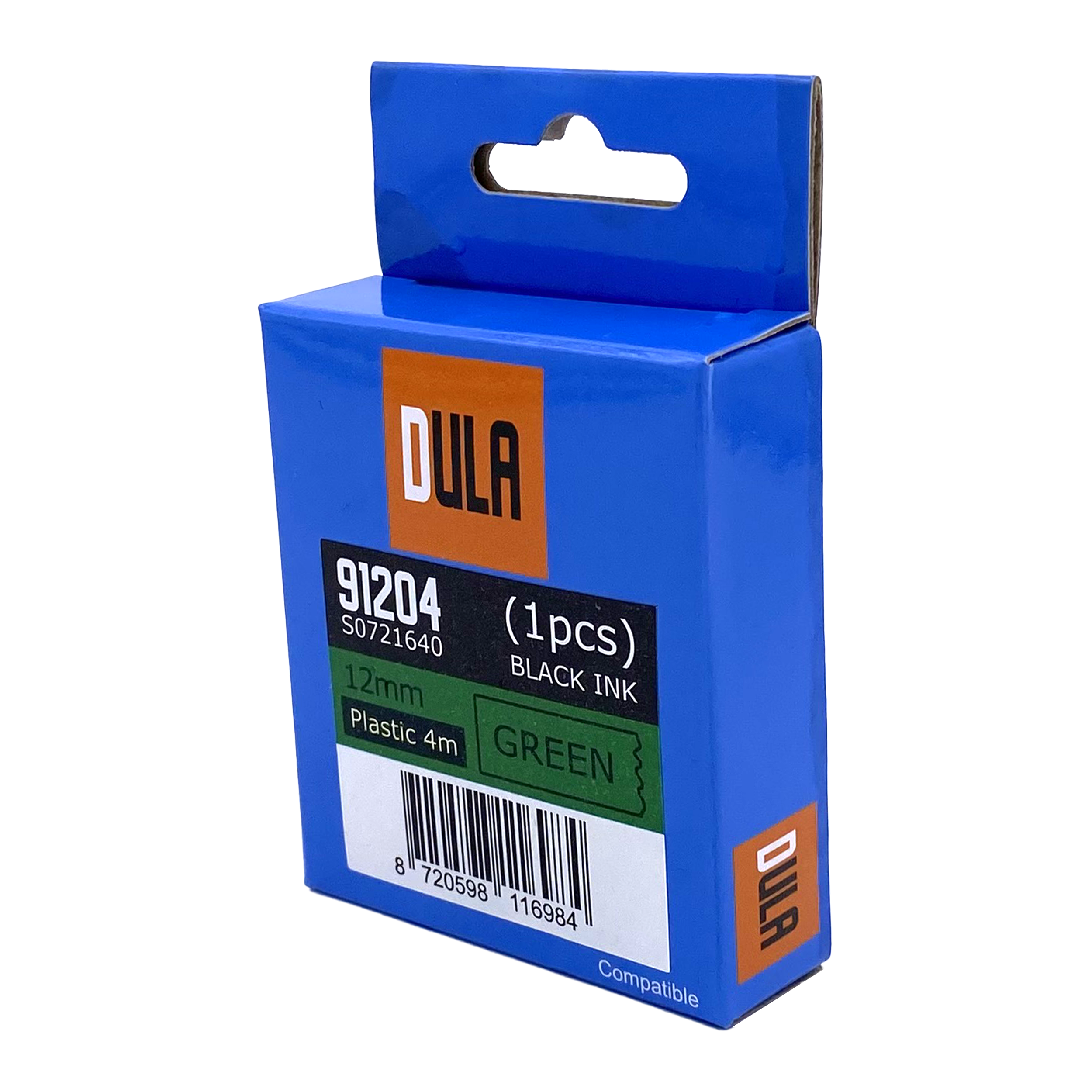 Blauwe doos met een label met 'GREEN' en 'BLACK INK'. De doos is gelabeld met 'DULA'.