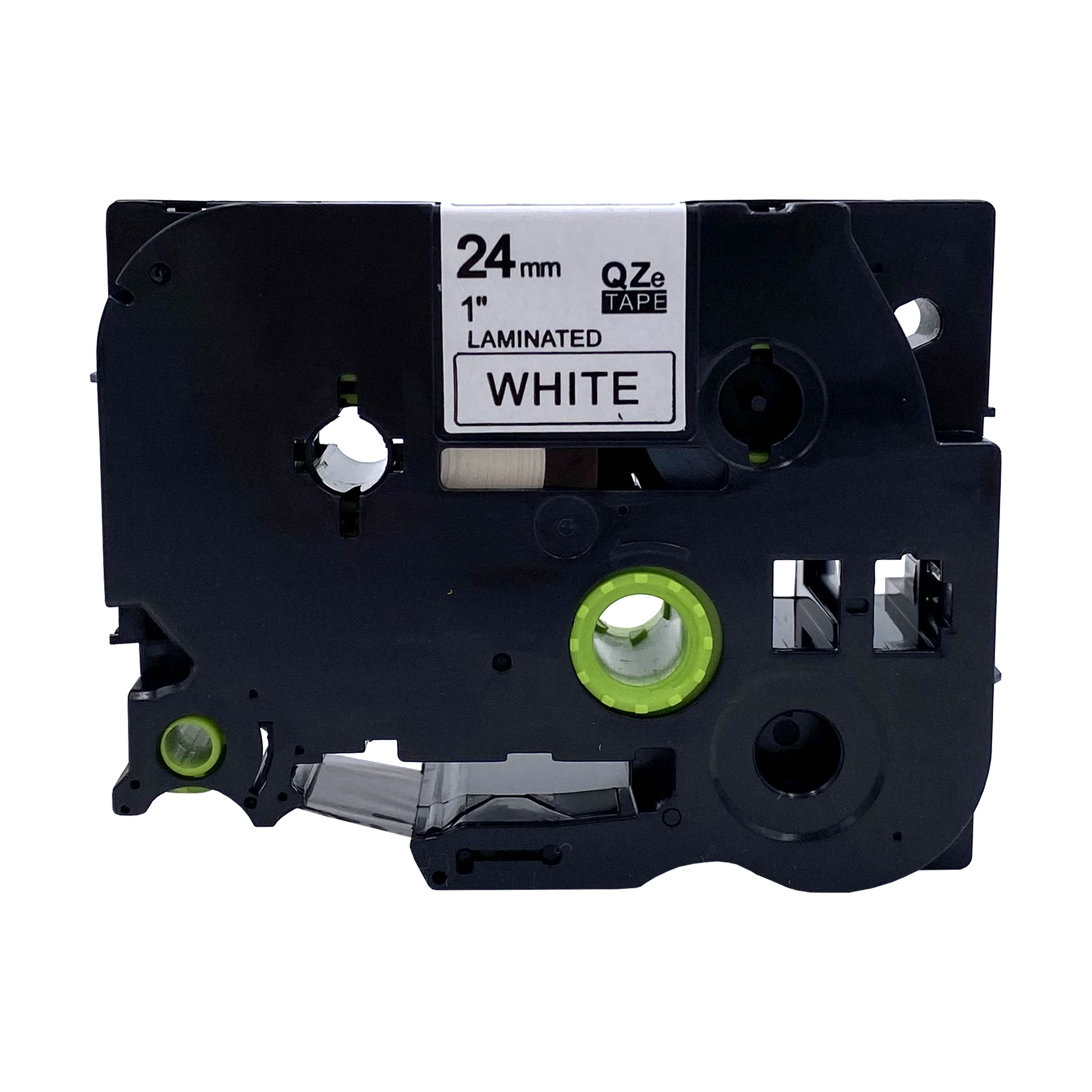 Zwarte tapetape met wit tape. Label zegt 24mm, gelamineerd, wit.