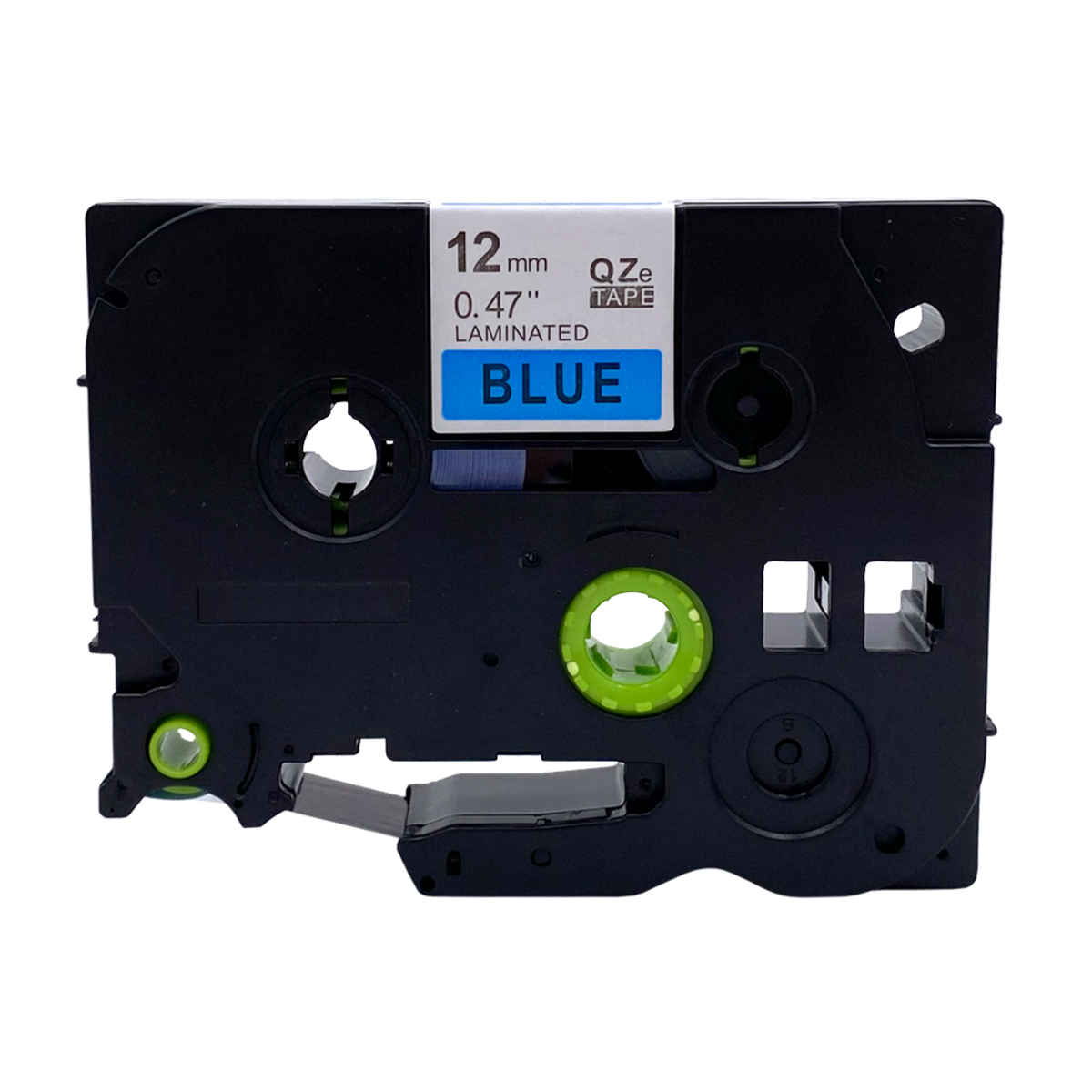 Een zwarte labeltape-cartridge met 12 mm, 0,47" blauw label en blauwe tape binnenin.