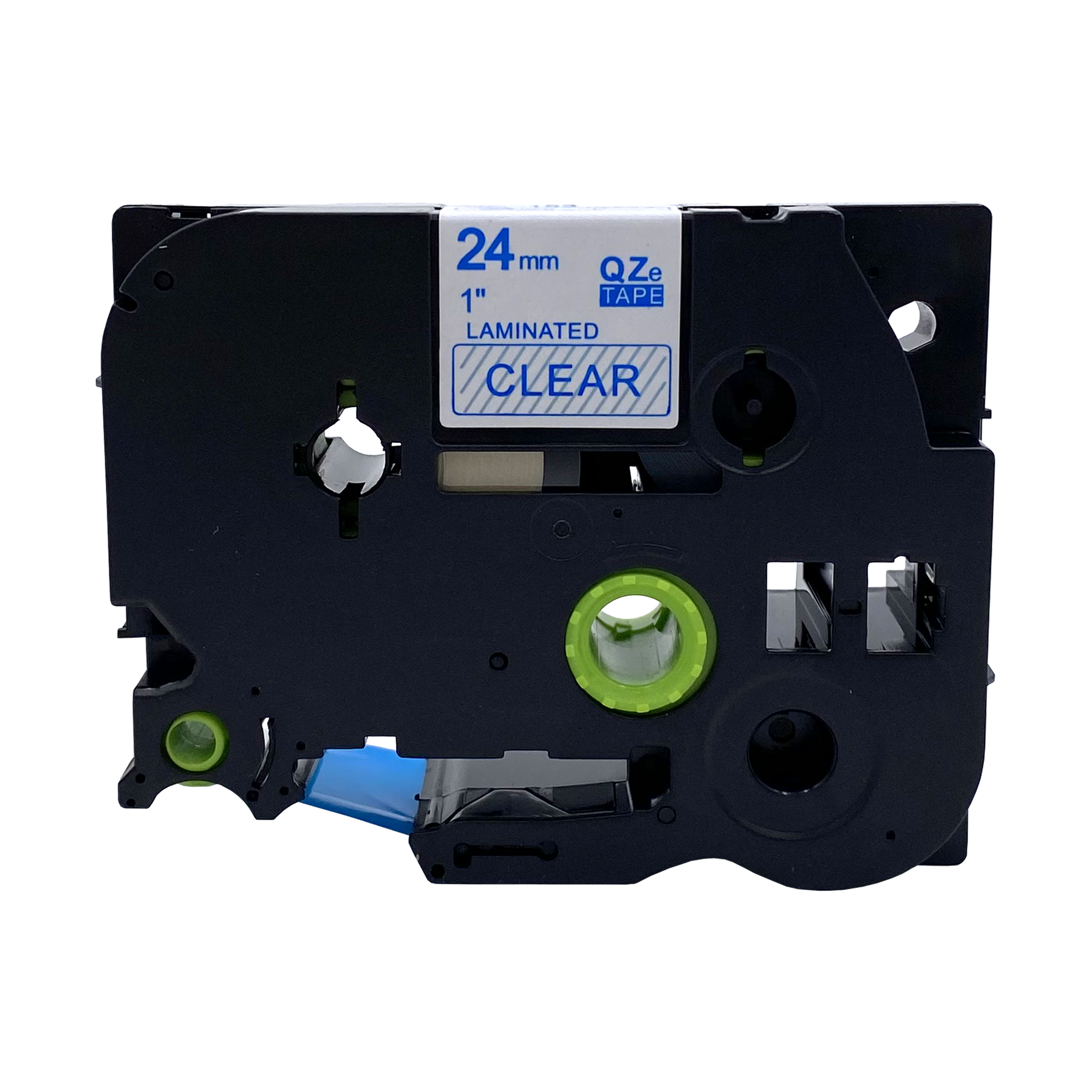 Transparante etikettentape cassette. 24 mm breed, 1 inch. Gelamineerd. QZe tape.