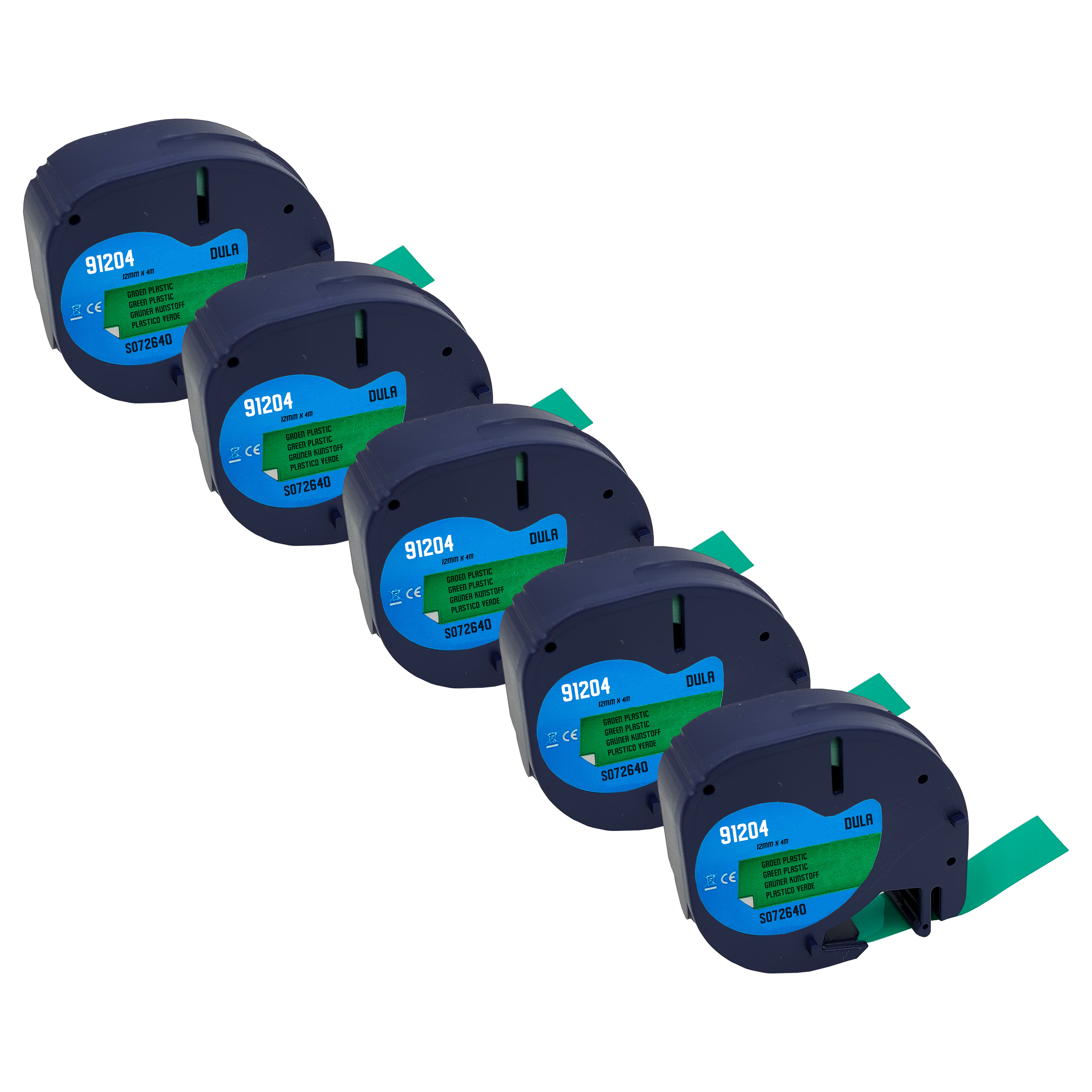 Vijf blauwe labeltape cartridges. Elke cartridge heeft een groen label met tekst en een groene strip.