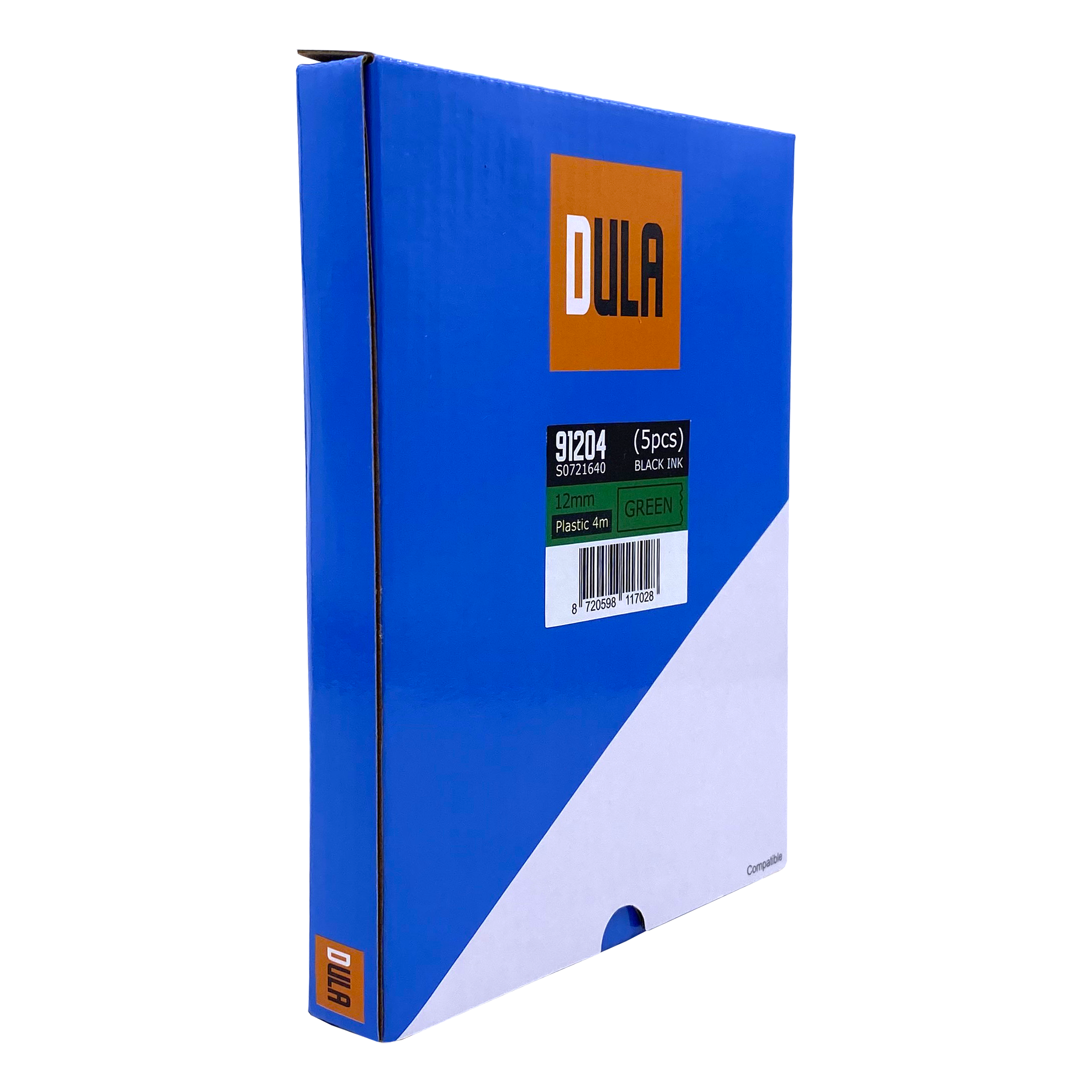 Blauwe doos met DULA-logo en groene inktetikettetape.