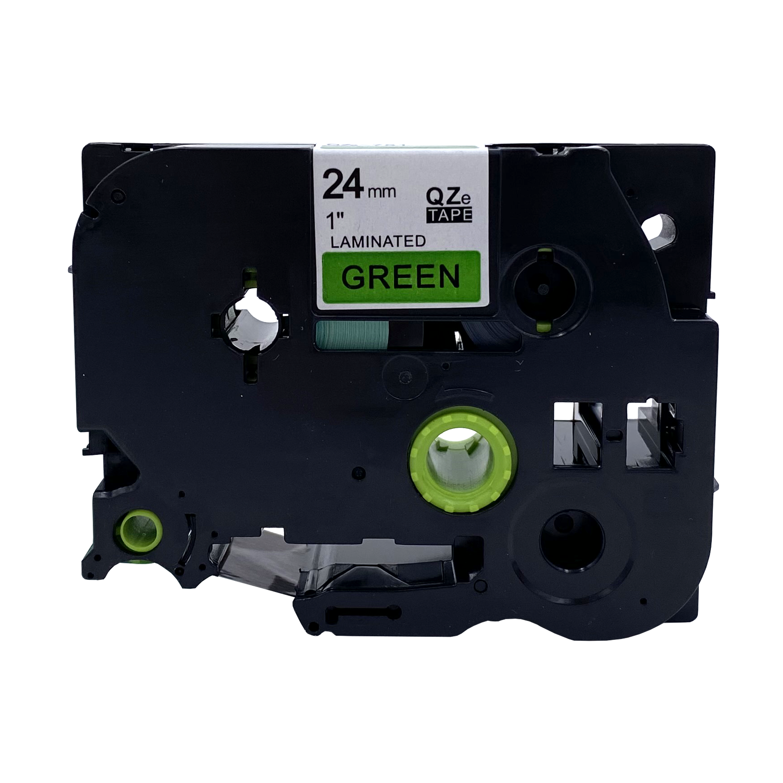 Zwarte labelmaker cartridge met groene tape. Het heeft een label met 'GREEN'.