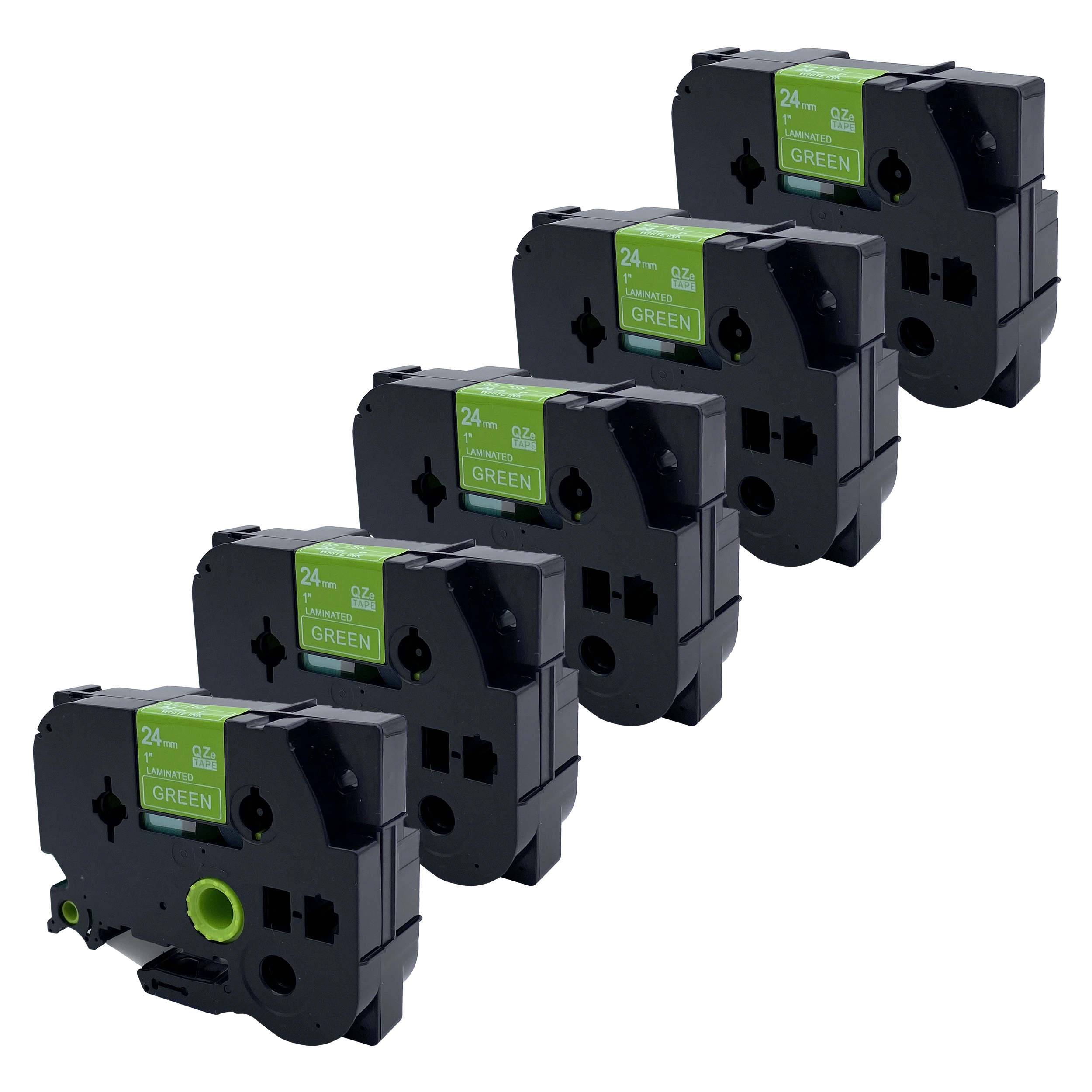 Vijf zwarte labelprintercartridges met groene labels. Groene kleur op het label. Witte achtergrond.
