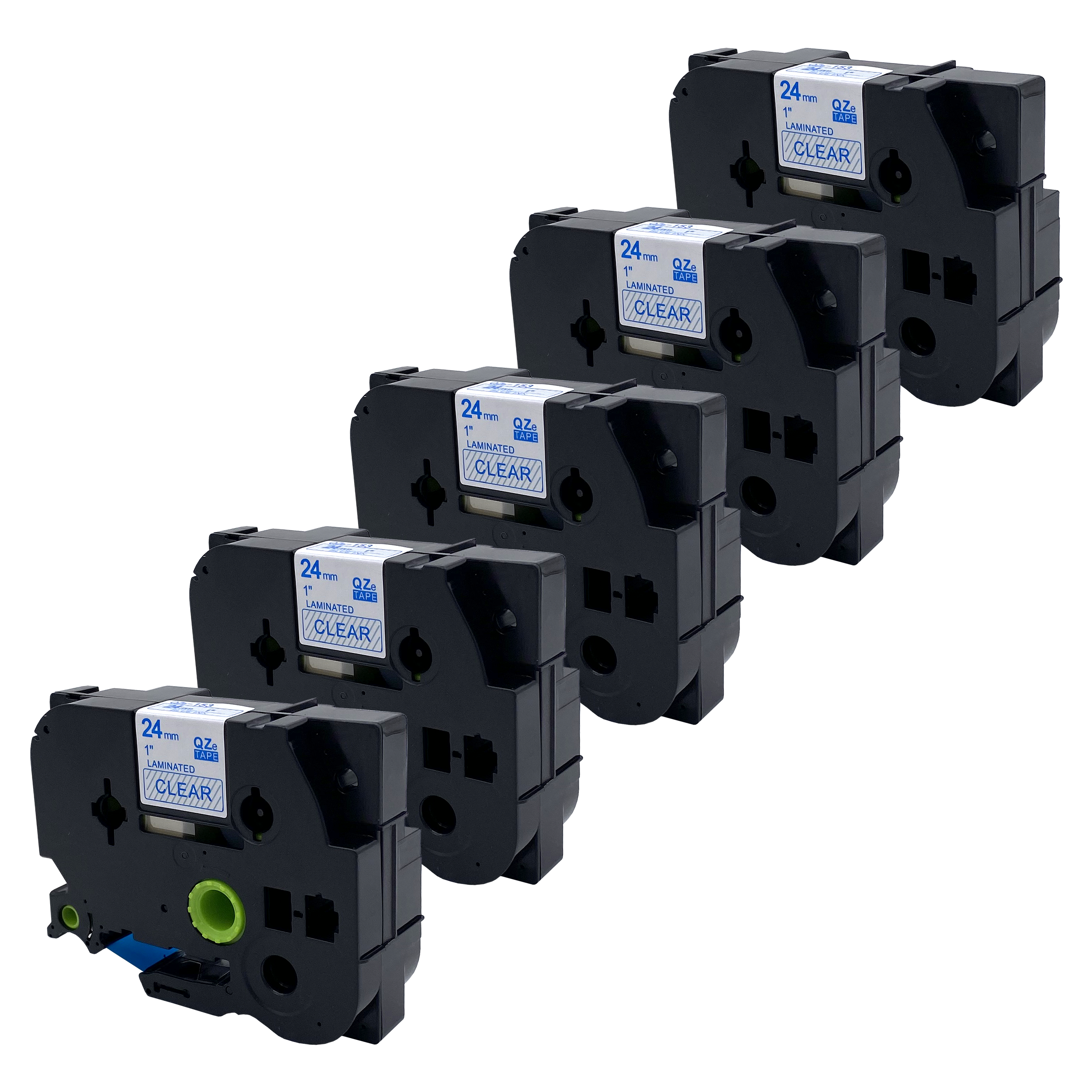 Vijf zwarte labelmakerpatronen met doorzichtige labels. Zwarte cartridges met groene elementen.