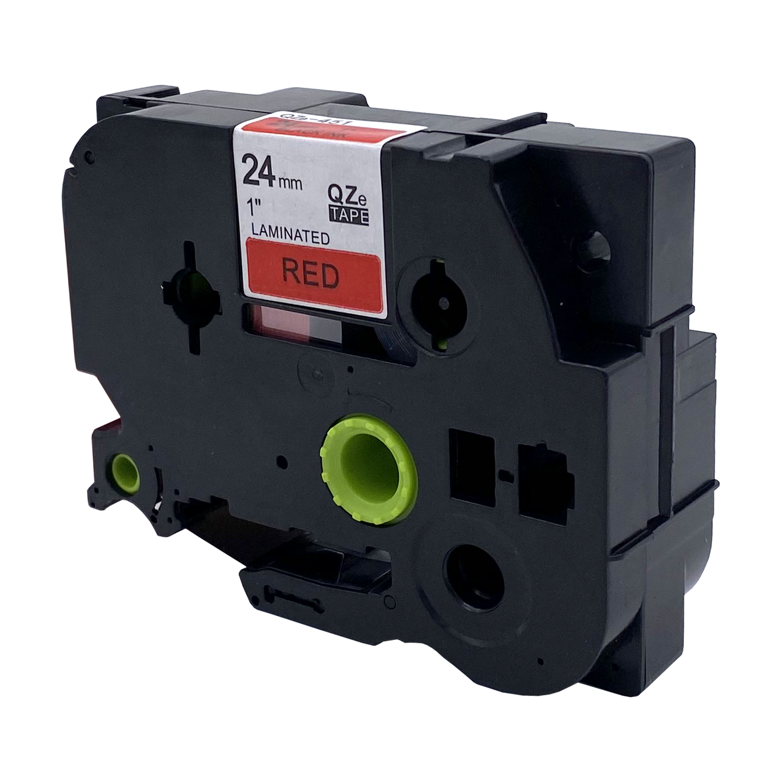 Zwarte labeltape cartridge. Label leest 'ROOD'. De cartridge heeft groene en zwarte elementen.