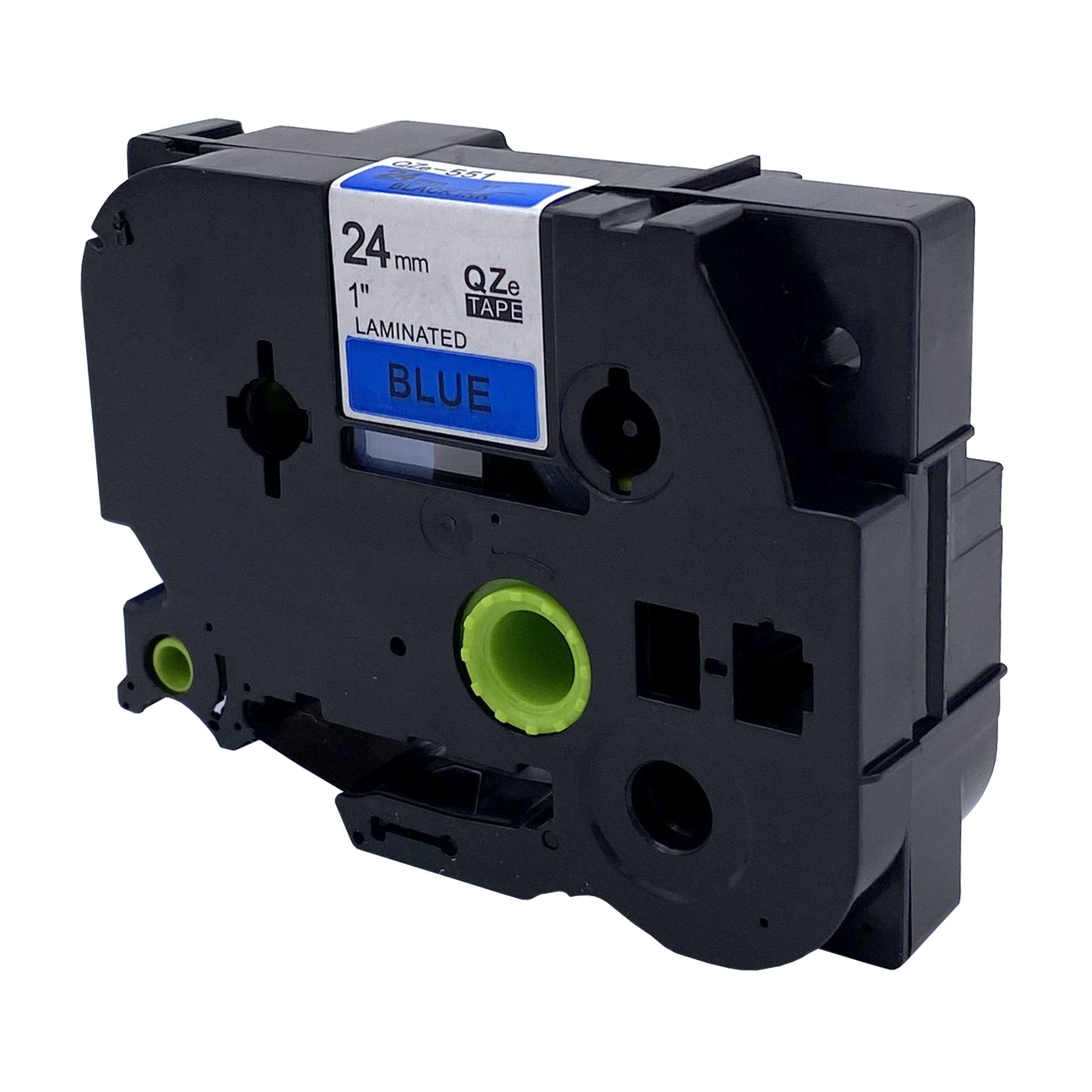 Een zwarte labeltape-cartridge met 24 mm, 1" blauw label en blauwe tape binnenin.